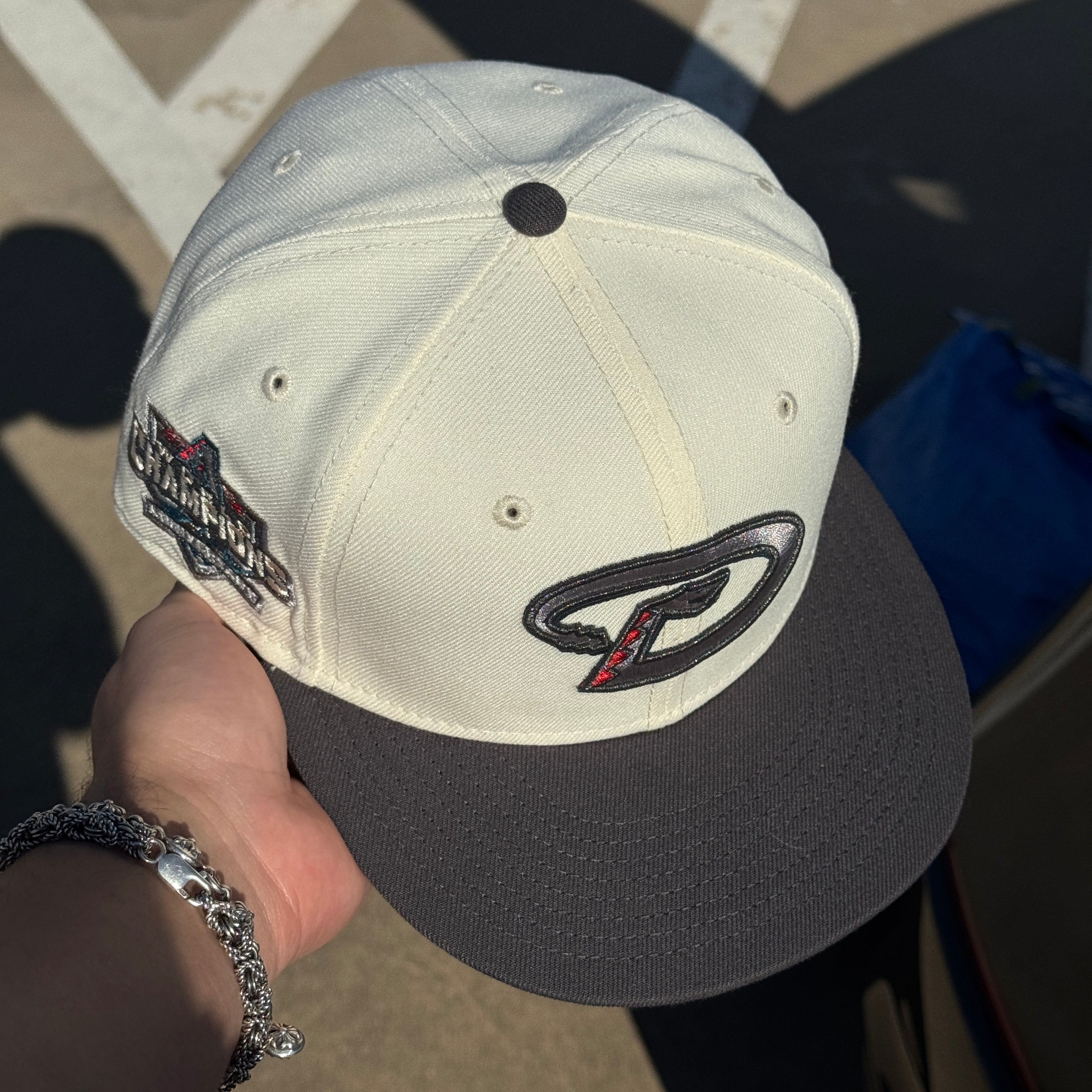 USED 1/2 Chrome Arizona Diamondbacks 20th Anniversary 59fifty New Era Fitted Hat Cap