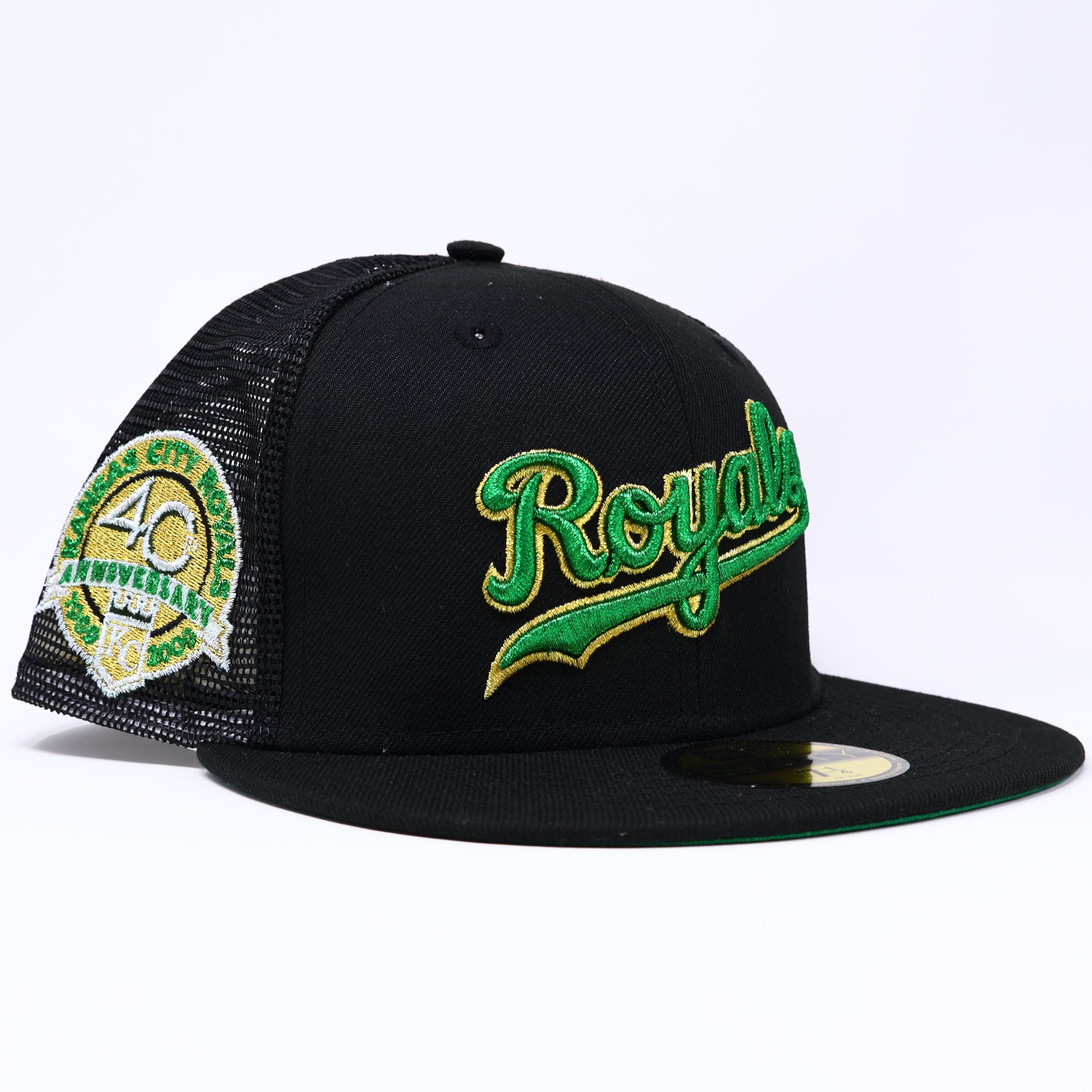 NWT 1/4 Black Trucker Kansas City Royals 40th Anniversary 59fifty New Era Fitted Hat Cap