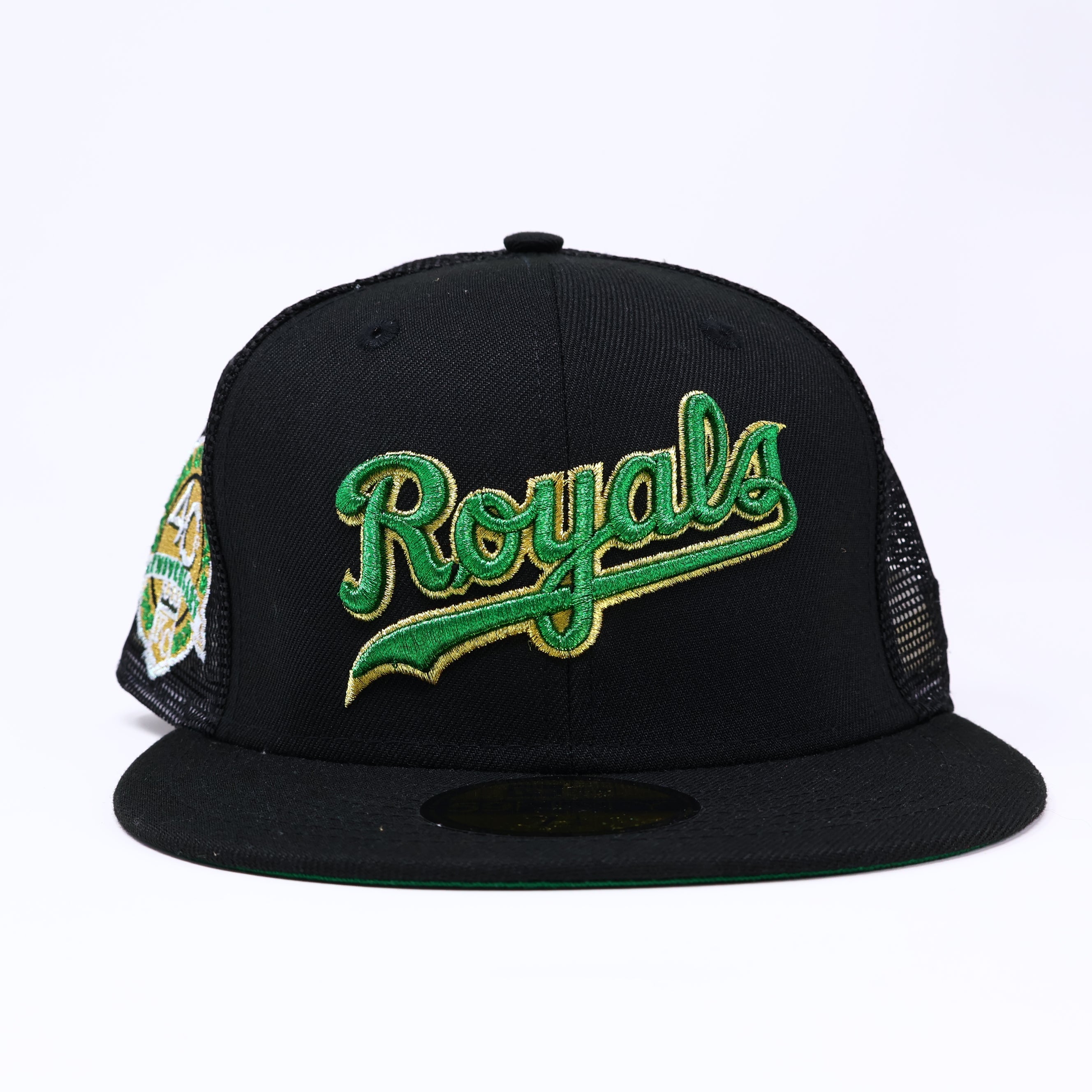 NWT 1/4 Black Trucker Kansas City Royals 40th Anniversary 59fifty New Era Fitted Hat Cap