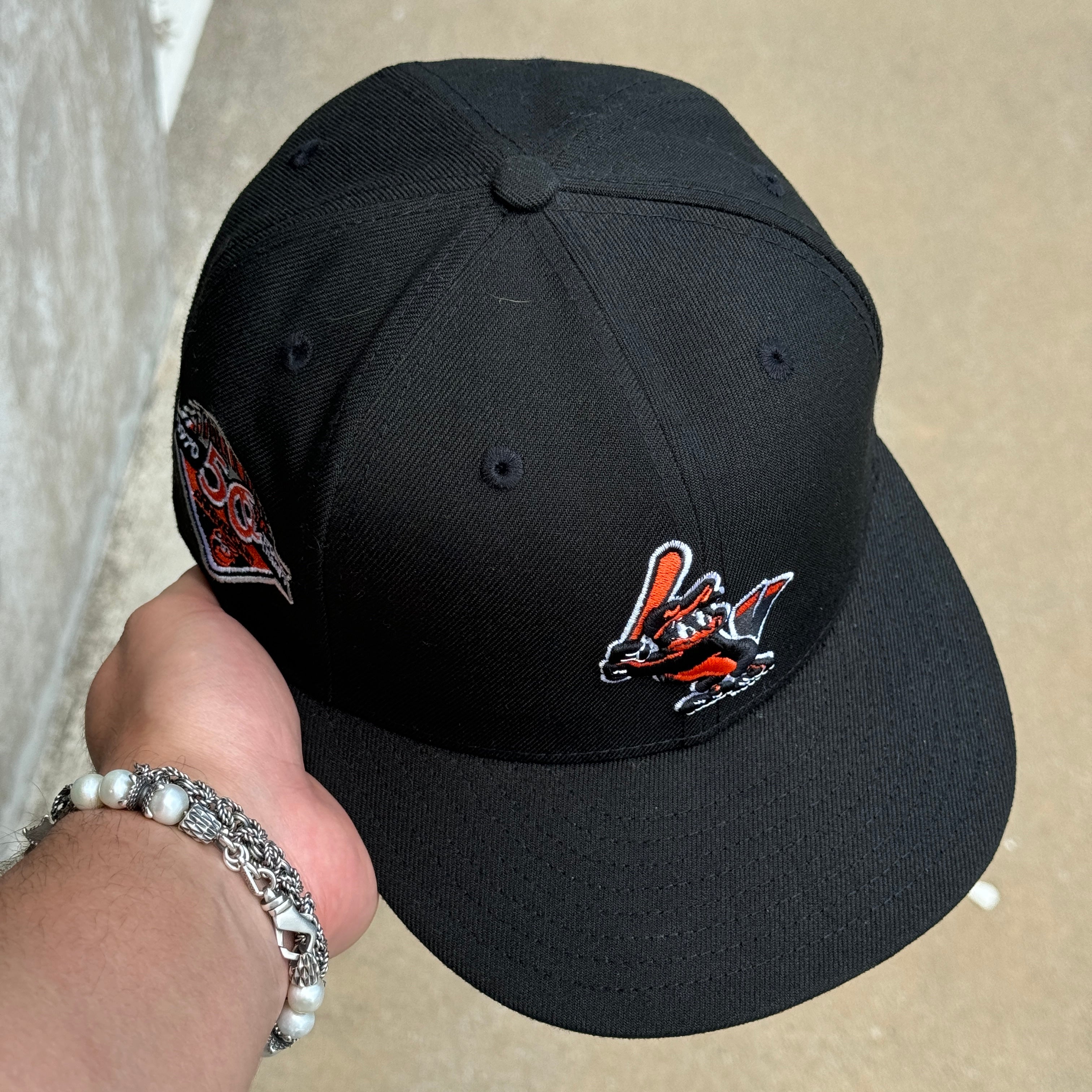 USED 1/4 Black Baltimore Orioles 50th Anniversary 59fifty New Era Fitted Hat Cap