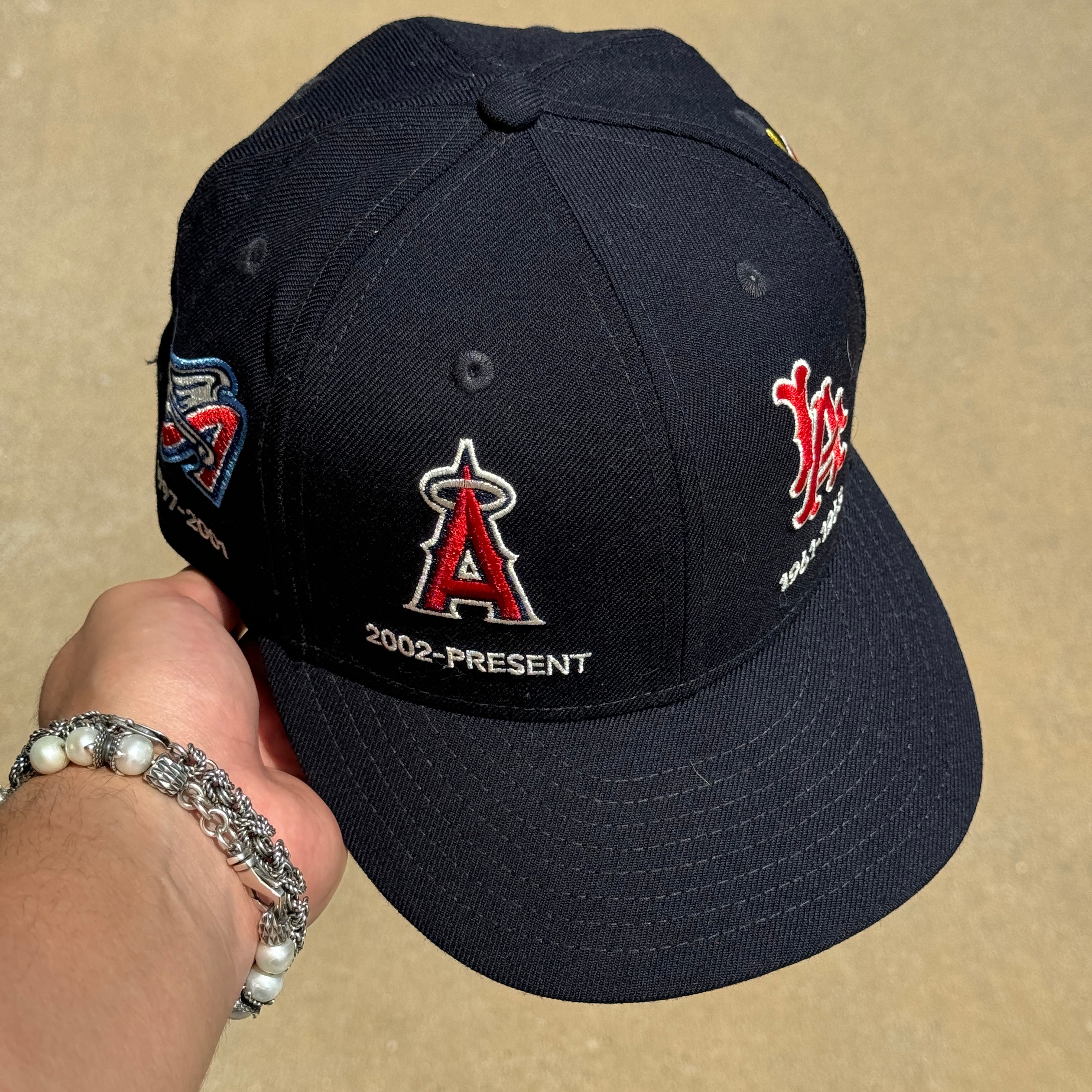 USED 1/4 Navy Los Angeles Angels Multi Patch 59fifty New Era Fitted Hat Cap