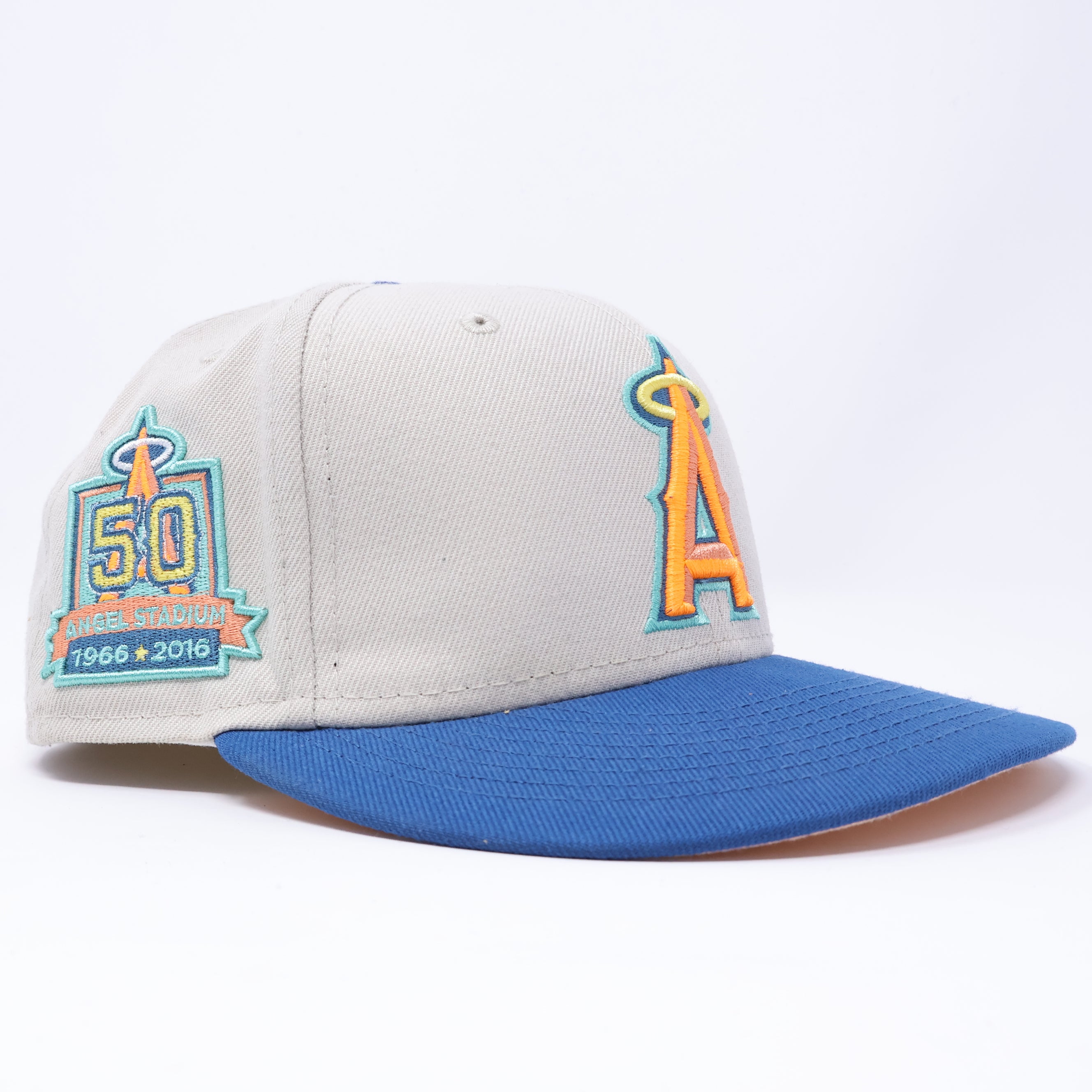 USED 3/8 Stone Los Angeles Angels 50th Anniversary 59fifty New Era Fitted Hat Cap