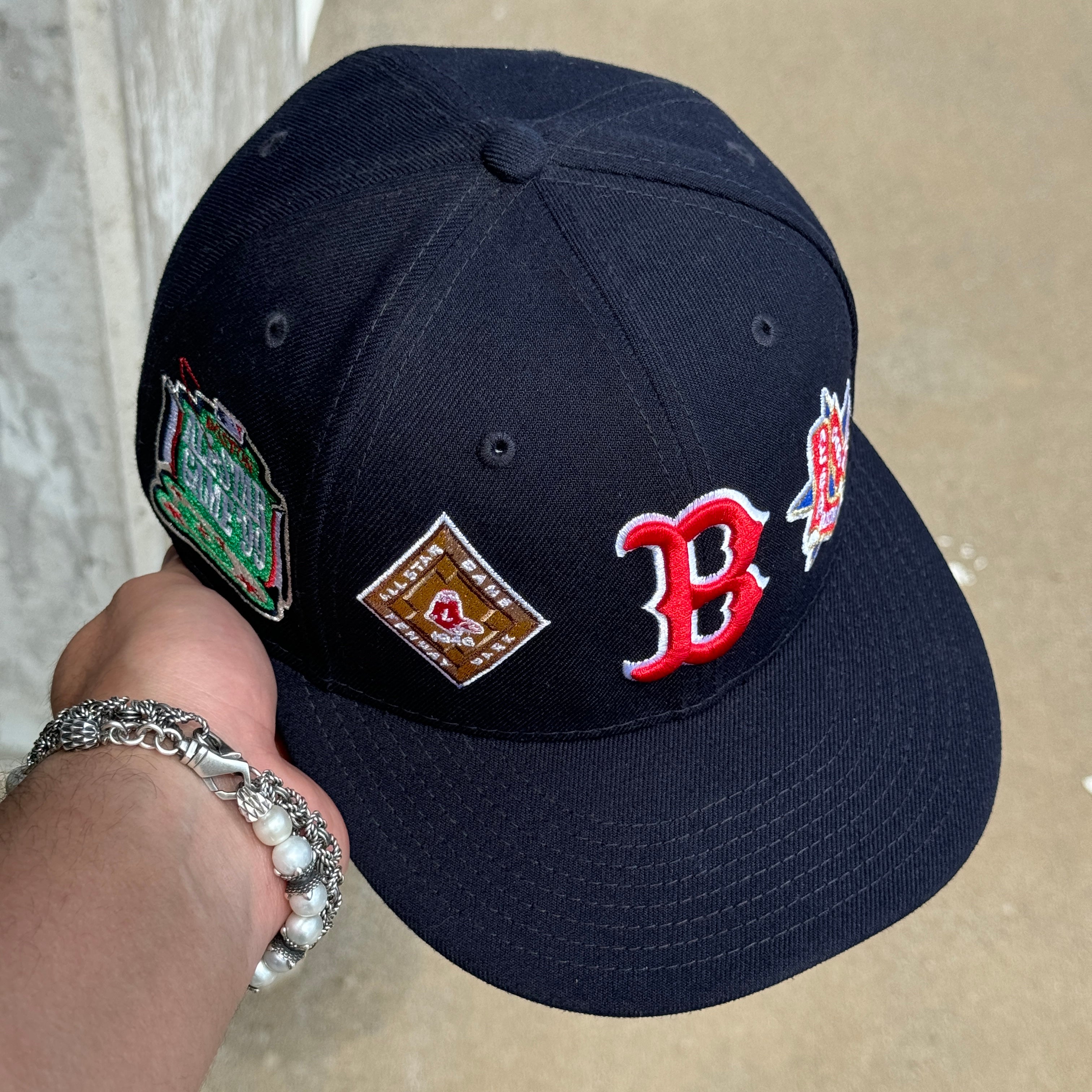 USED 1/4 Navy Boston Red Sox Multiple Patches 59fifty New Era Fitted Hat Cap