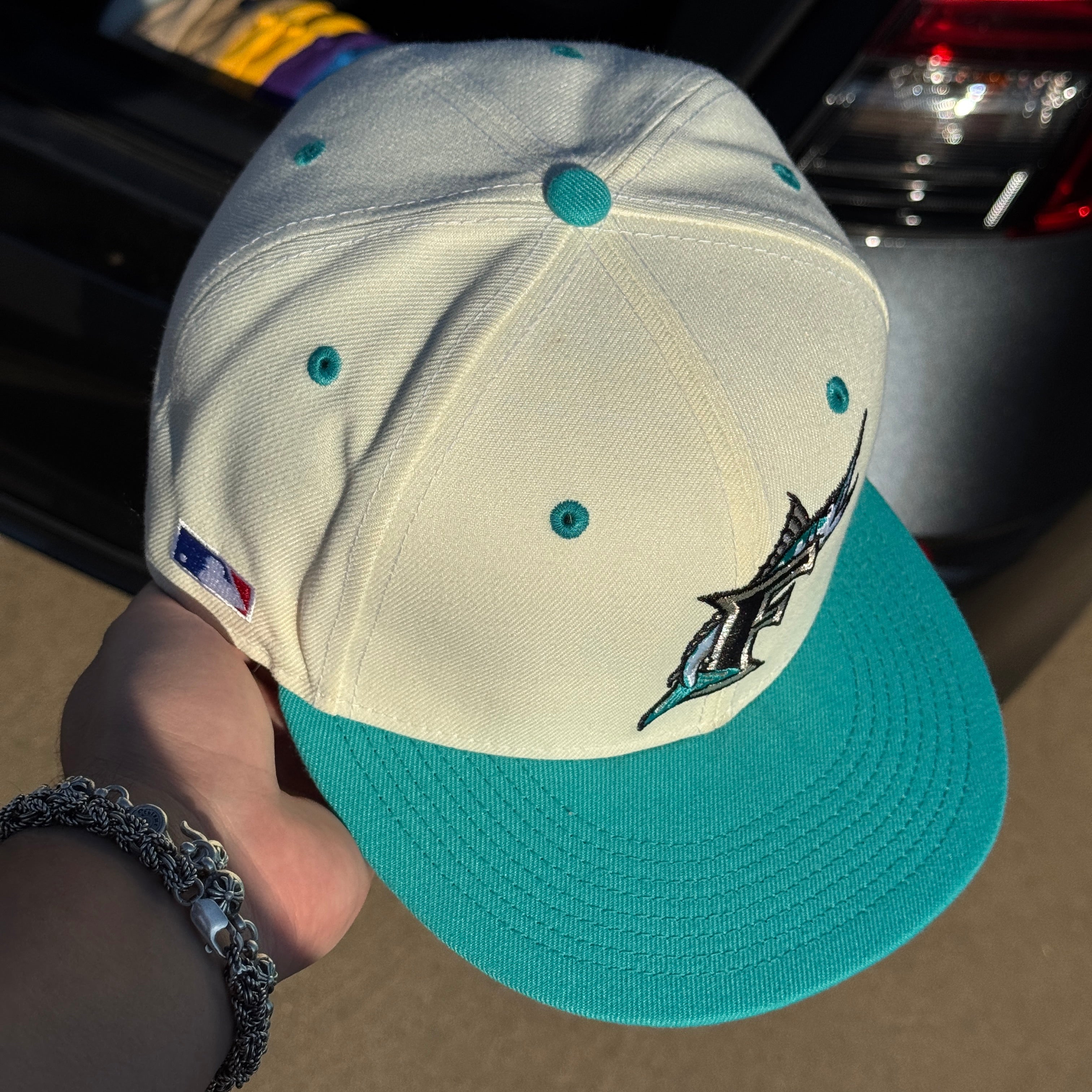 USED 3/8 Chrome Florida Marlins Simple 59fifty New Era Fitted Hat Cap