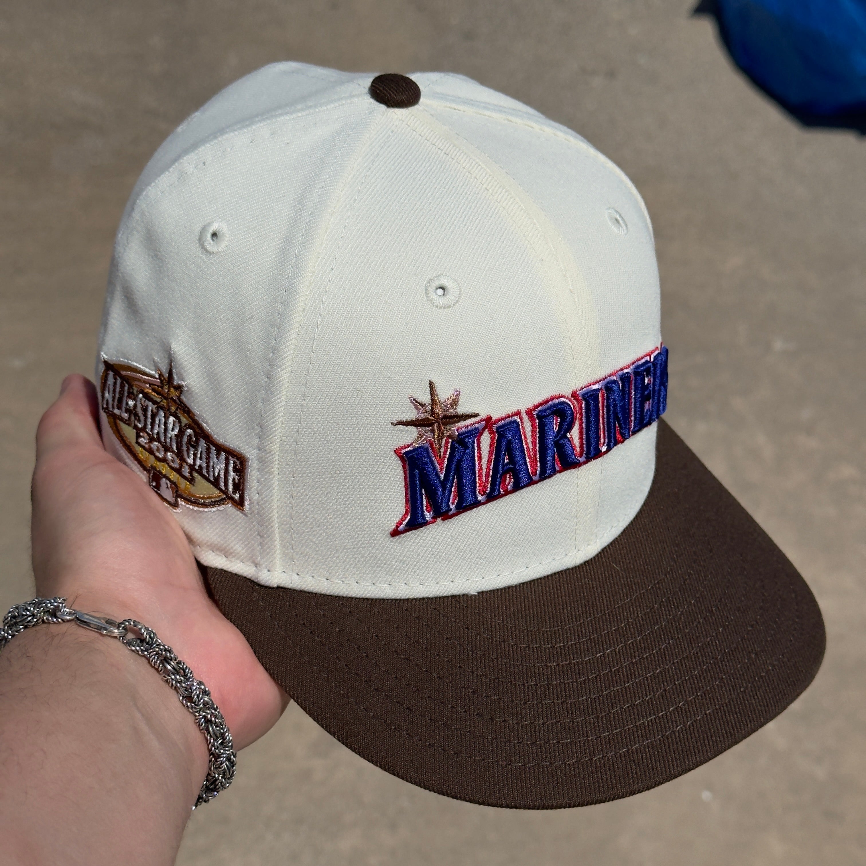 7 1/8 USED Chrome White Seattle Mariners 2001 All Star Game 59fifty New Era Fitted Hat