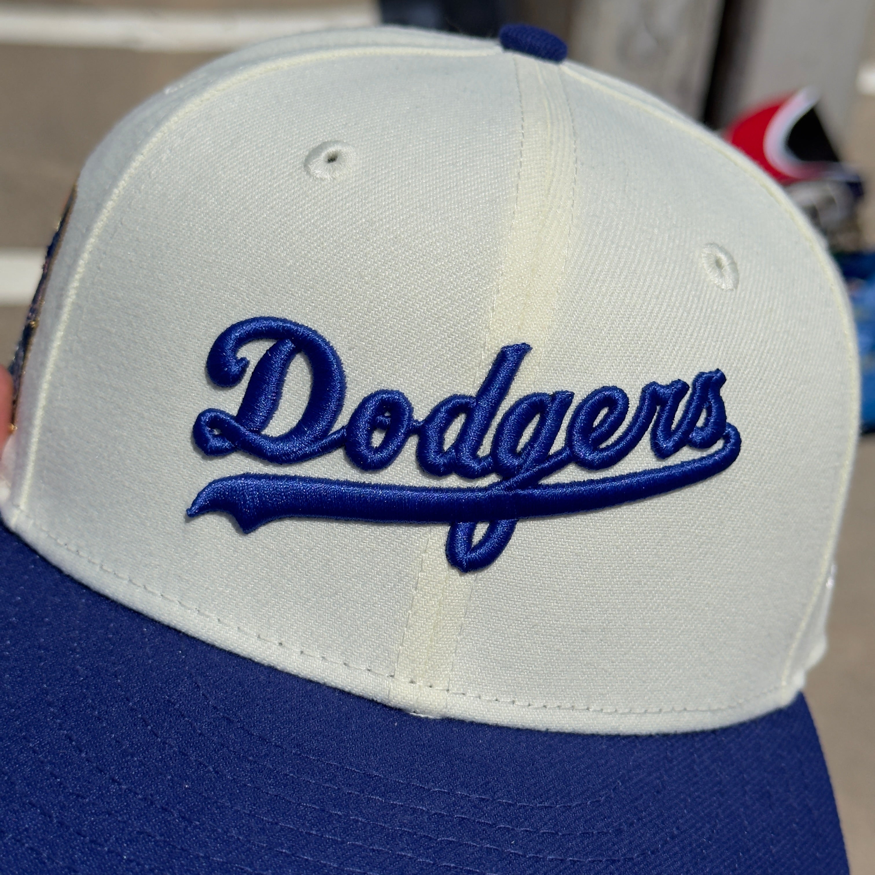 7 1/8 USED Chrome White Los Angeles Dodgers Dodger Stadium 59fifty New Era Fitted Hat
