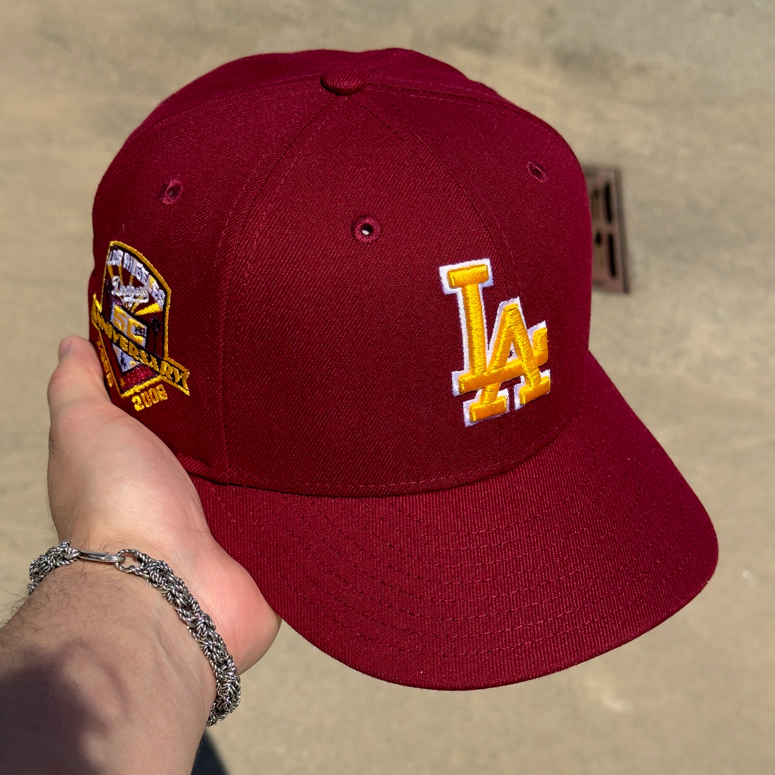 7 1/8 USED Maroon Yellow Los Angeles Dodgers 50th Anniversary 59fifty New Era Fitted Hat