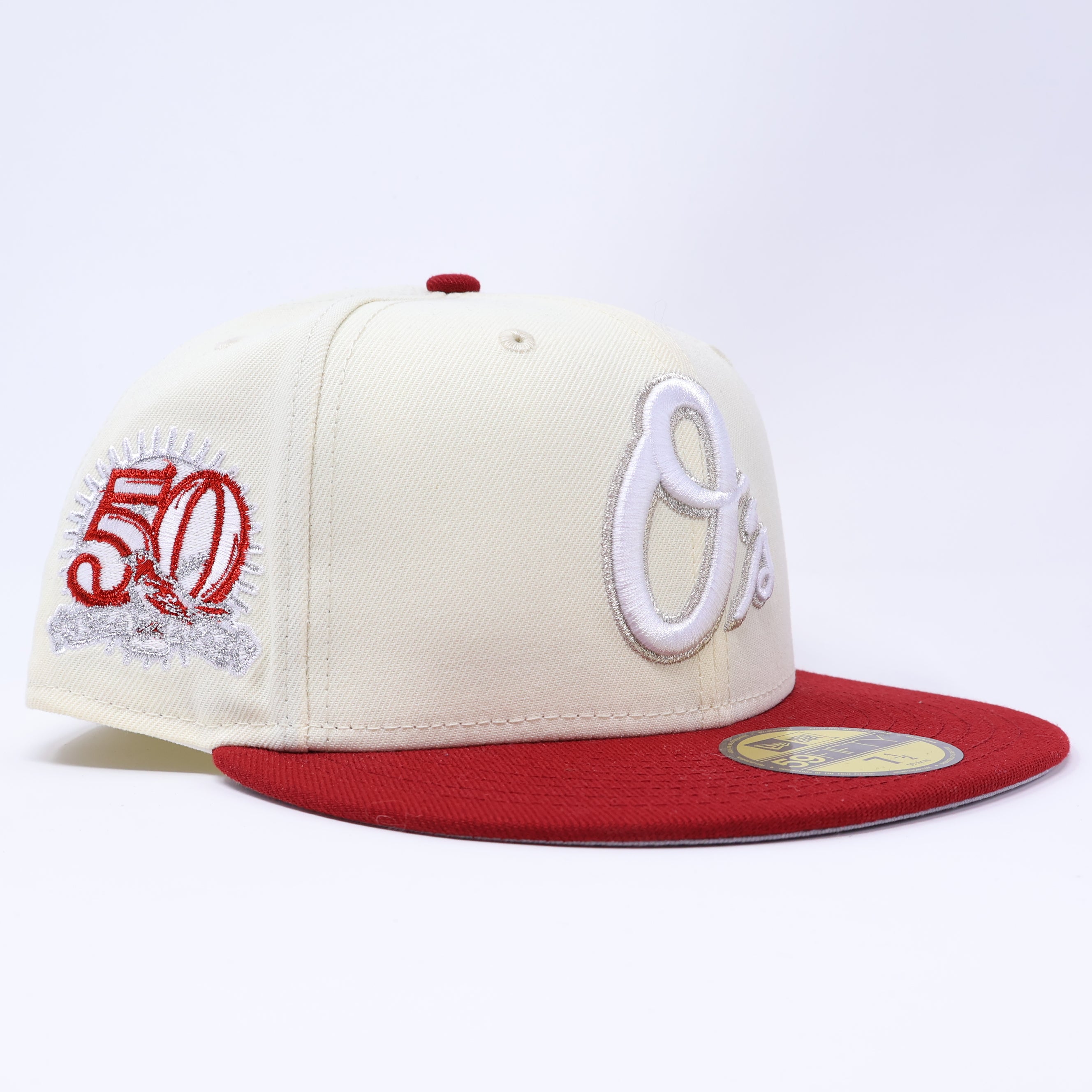 NWT 1/2 Chrome Baltimore Orioles 50th Anniversary 59fifty New Era Fitted Hat Cap