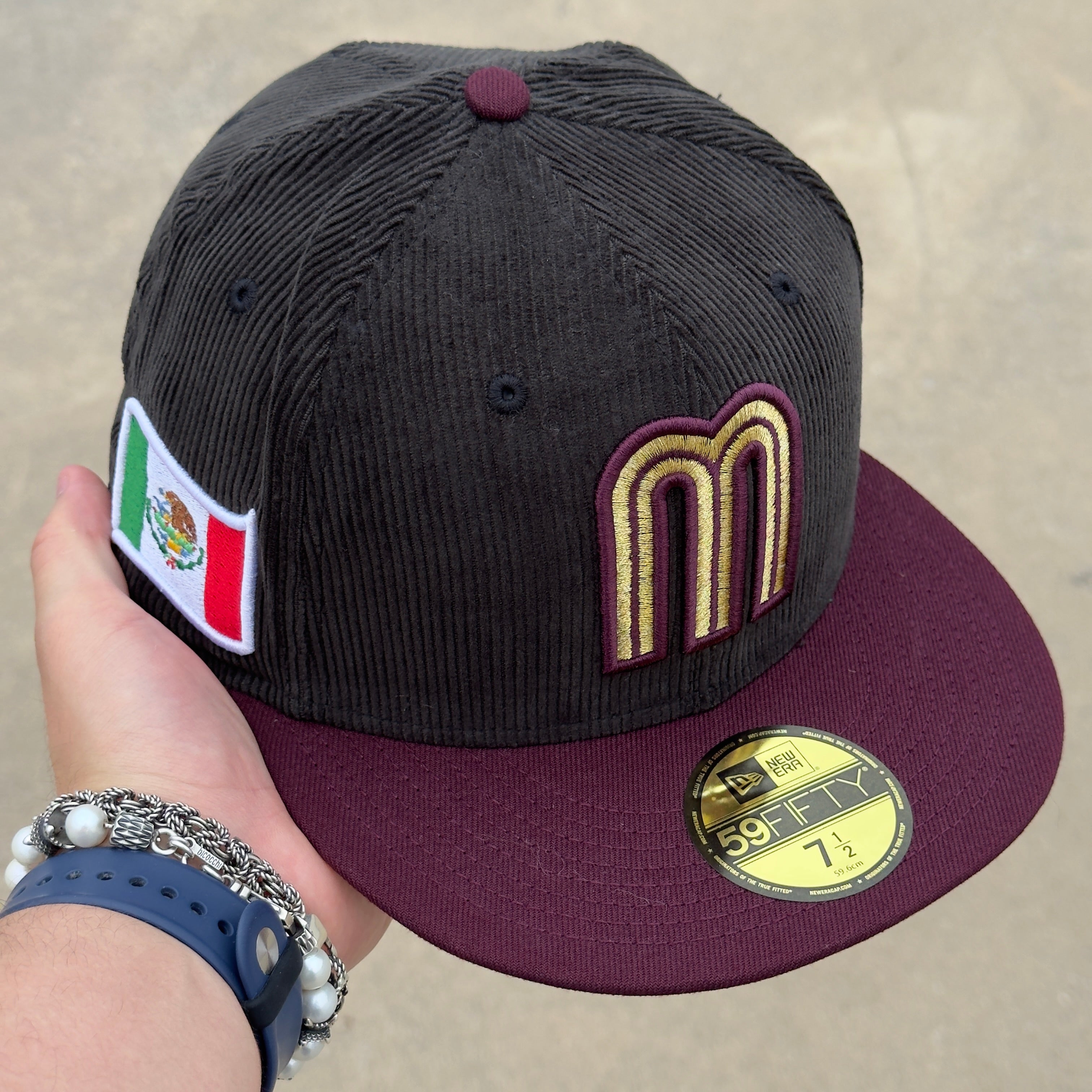 7 1/2 NEW Black Corduroy Mexico WBC Classic League Mexican Flag 59fifty New Era Fitted Cap Hat