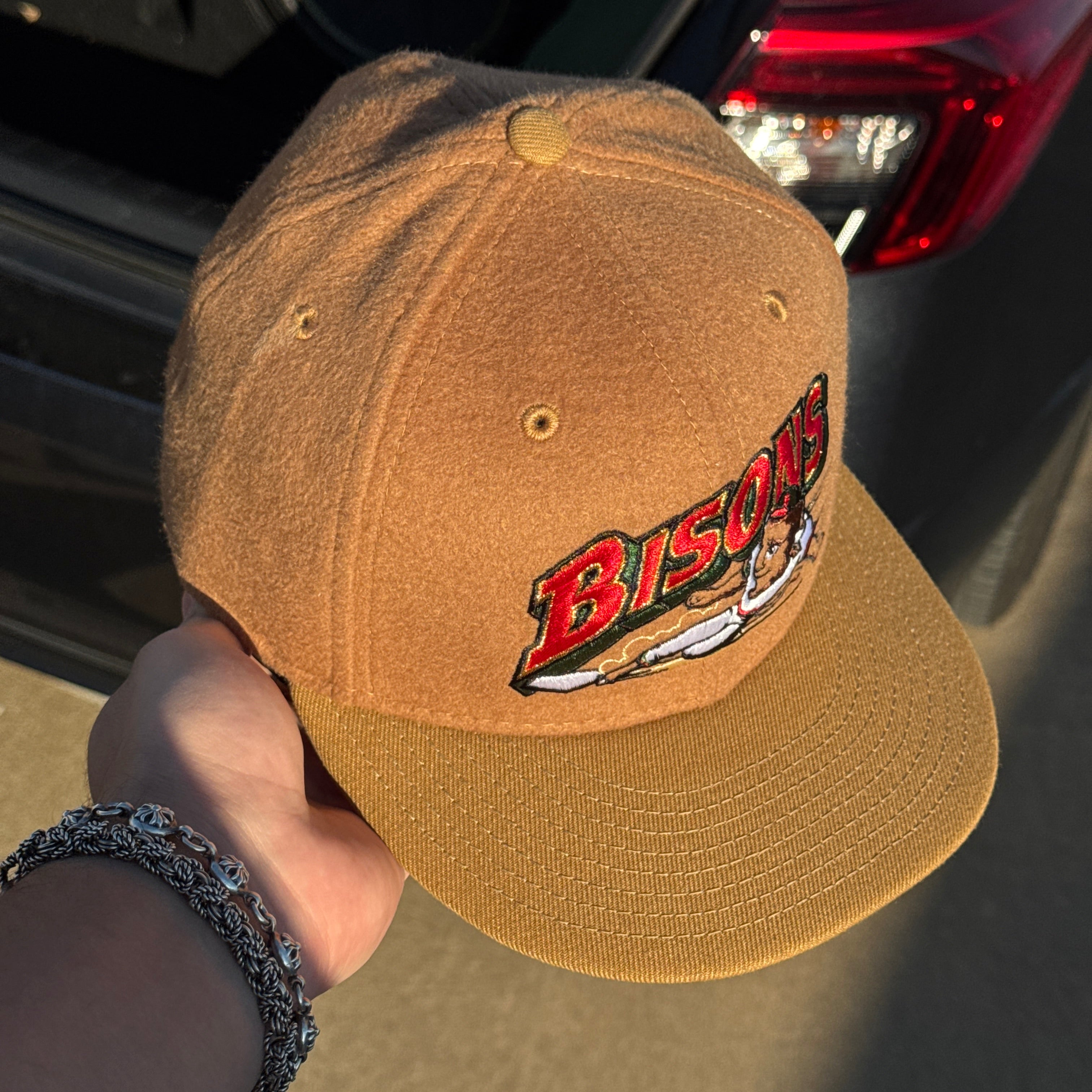 USED 1/8 Khaki Buffalo Bisons Simple Clean Dope Minor League 59fifty New Era Fitted Hat Cap