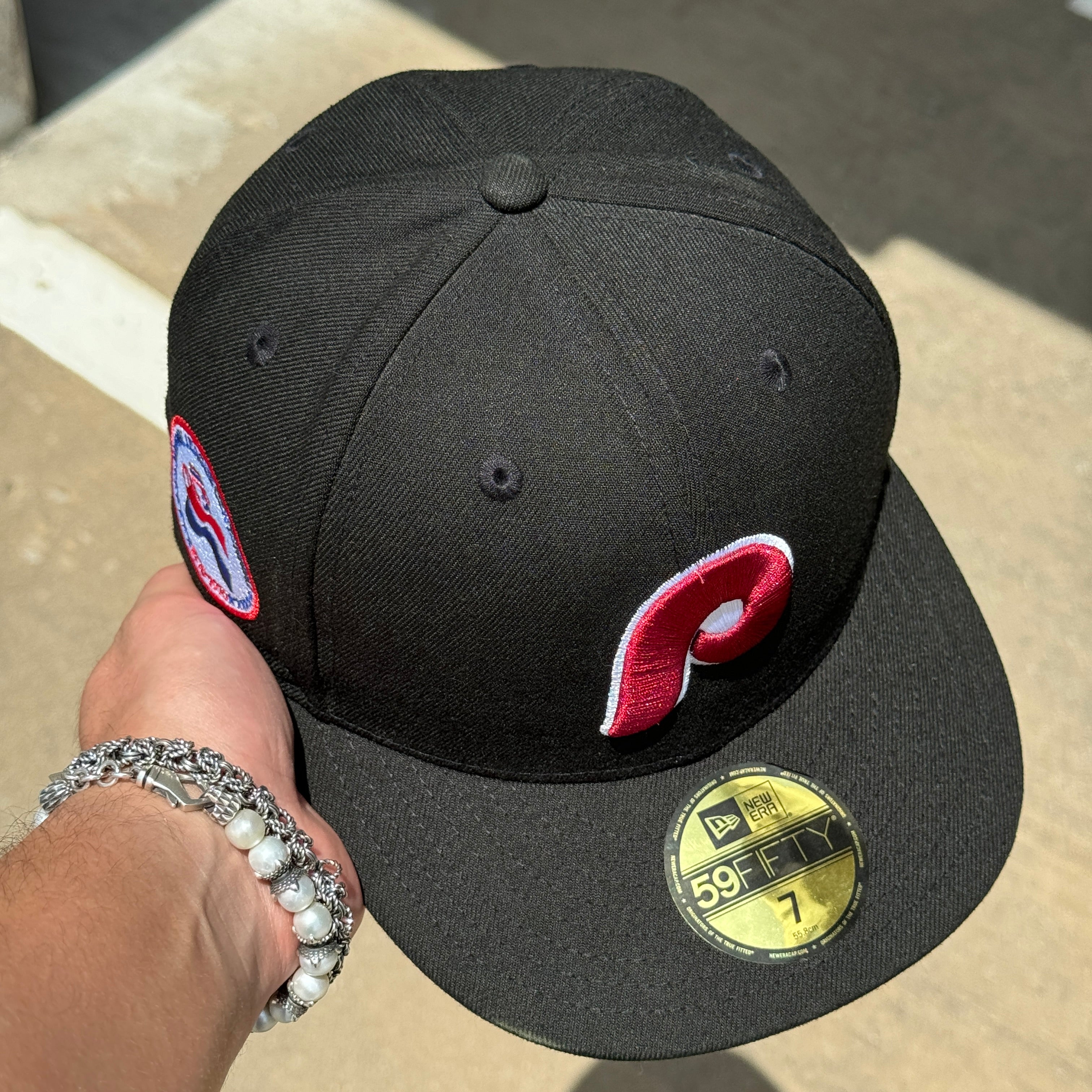 USED 7 Black Philadelphia Phillies National League Centennial 59fifty New Era Fitted Hat Cap