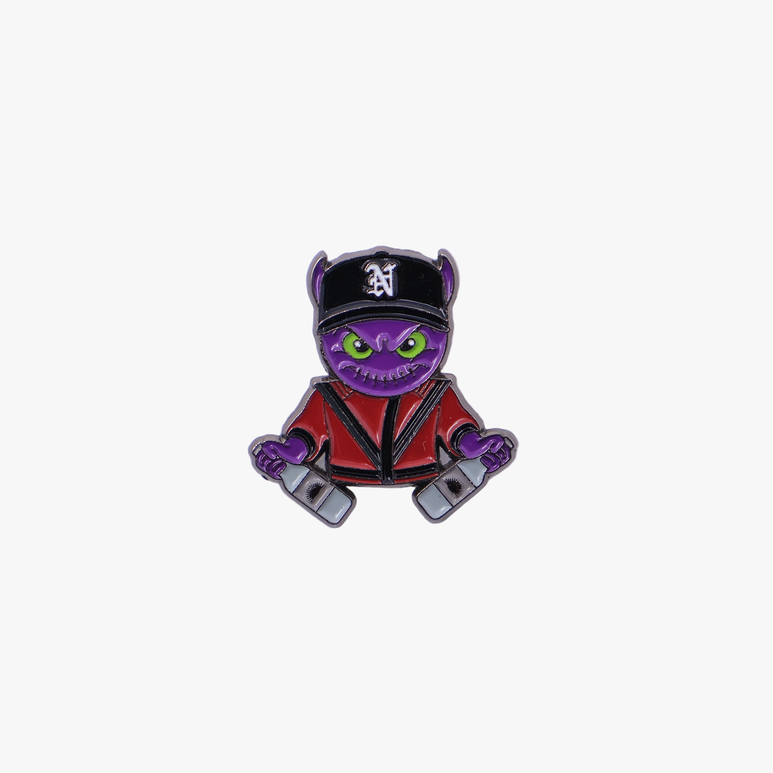 Purple Devil with Bottles Graphic Pin