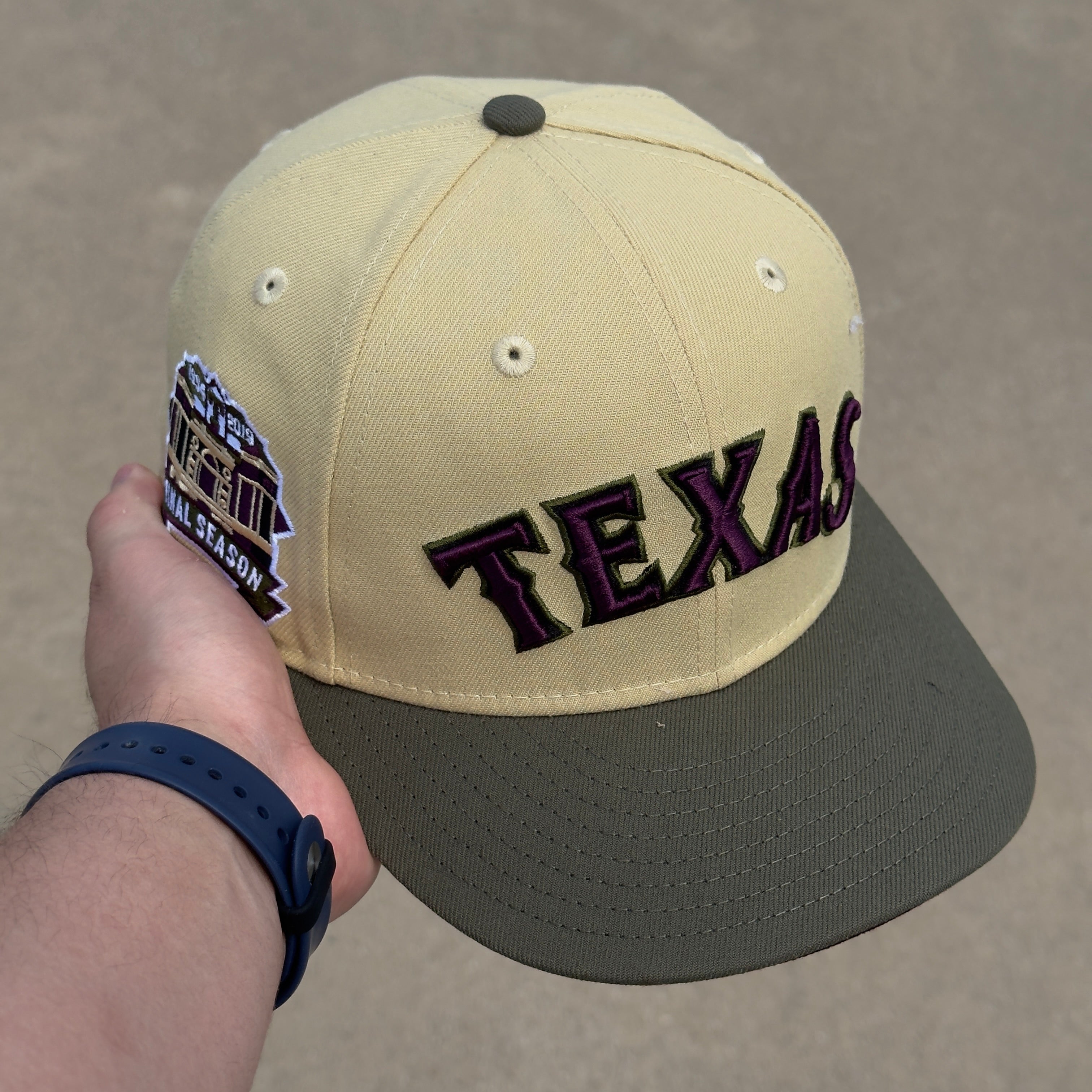 7 1/8 USED Khaki Texas Rangers Final Season Stadium 59fifty New Era Fitted Cap