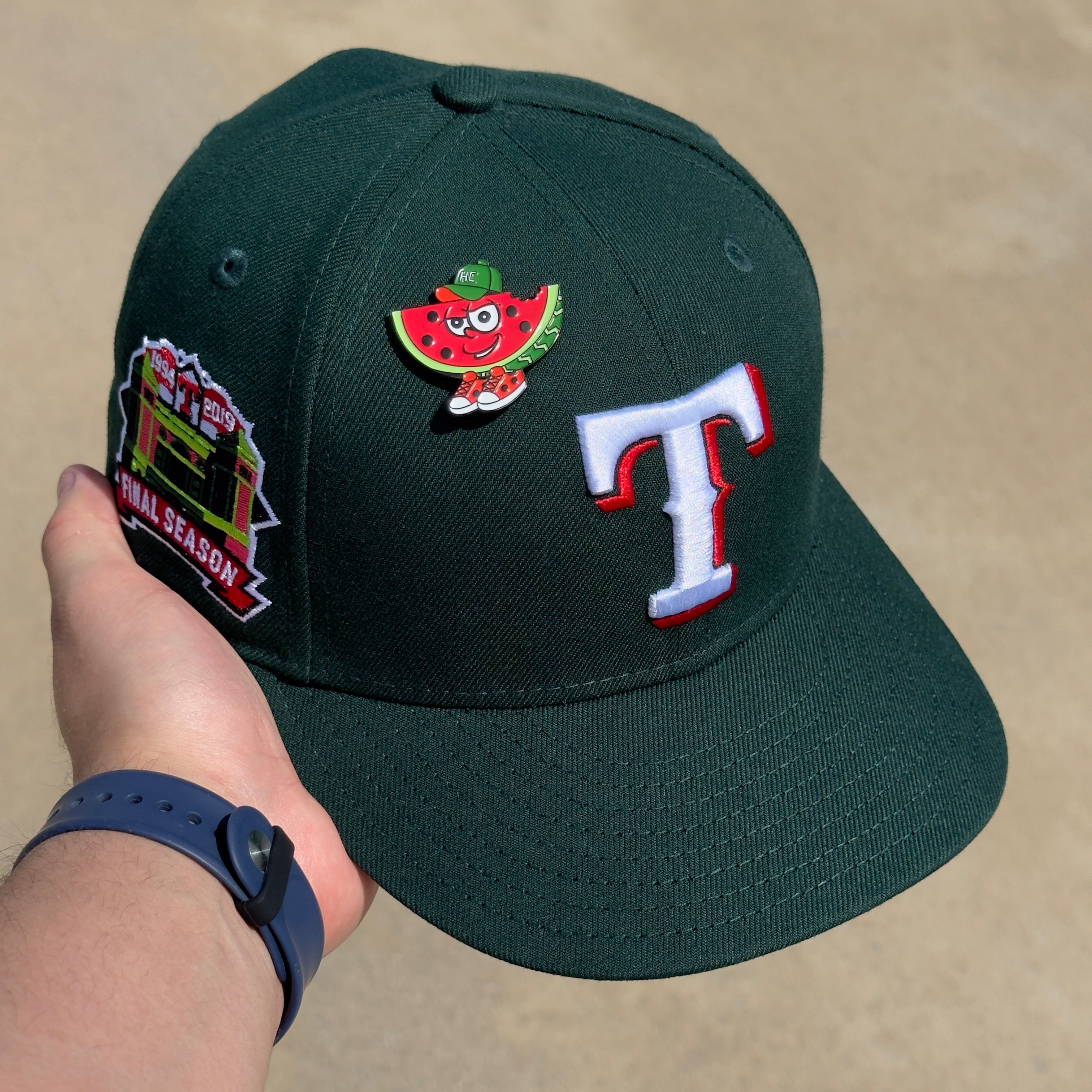 7 1/8 USED Texas Rangers Final Season Watermelon Hatclub 59fifty New Era Fitted Cap