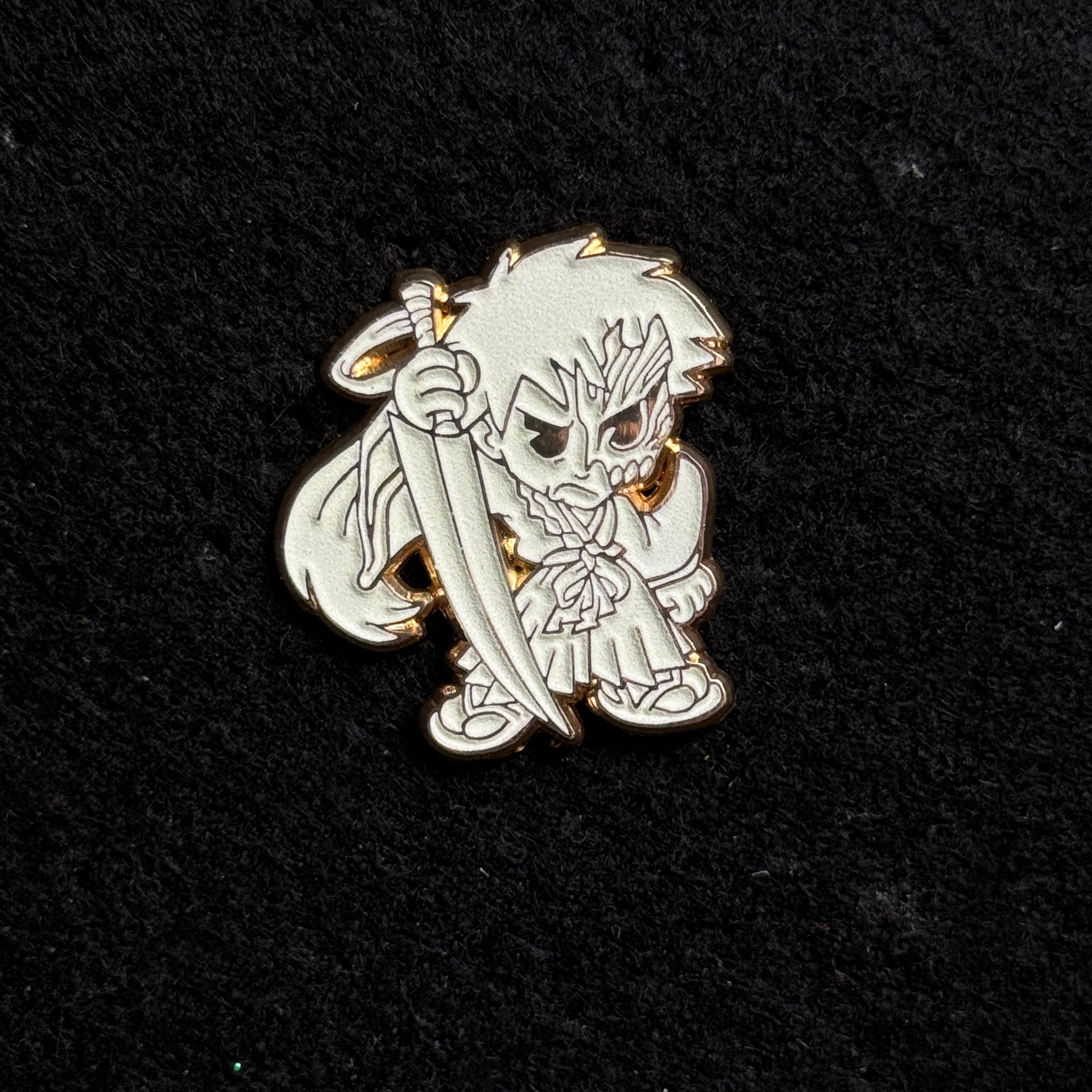 White Anime Swordsman Graphic Pin (GITD)