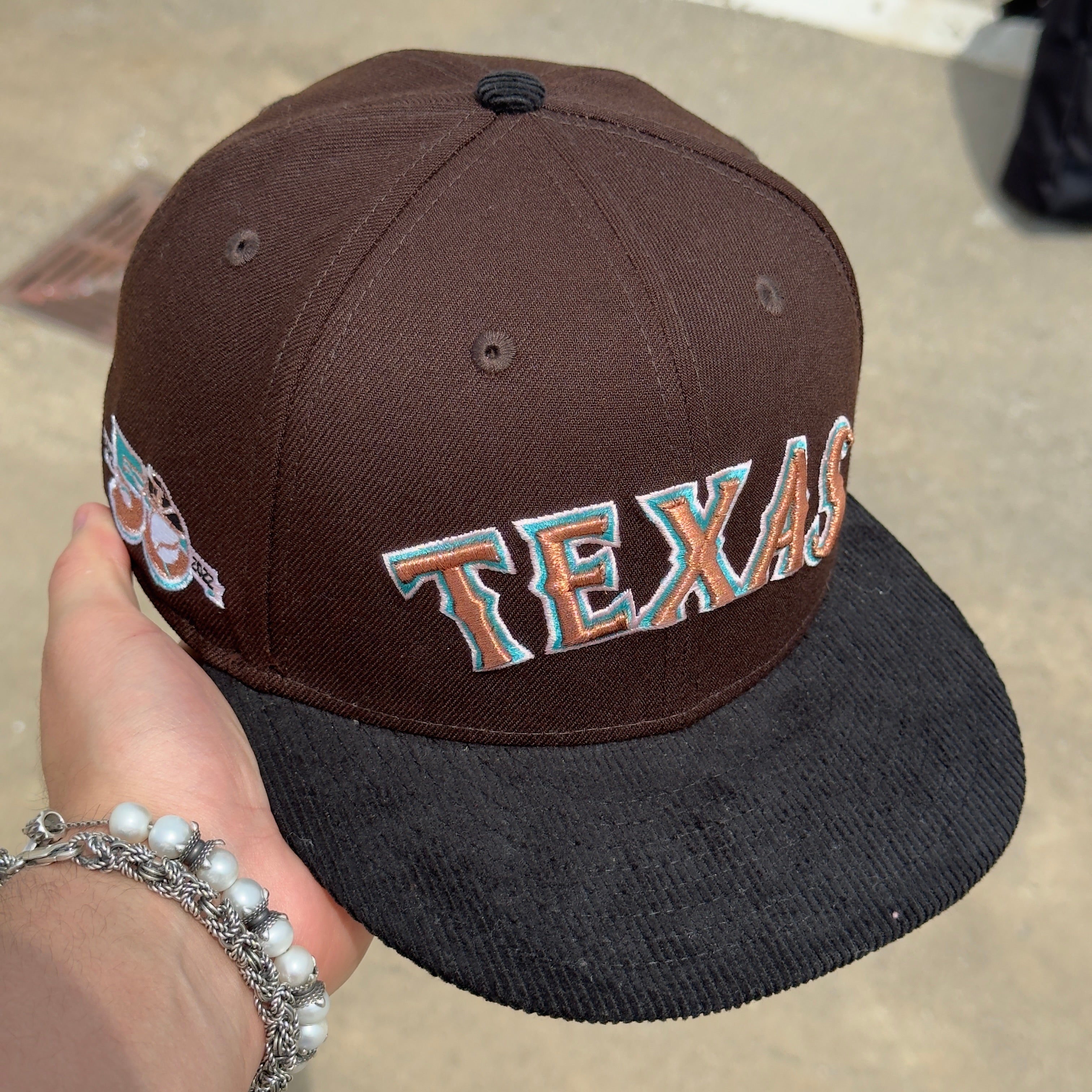 7 1/8 USED Brown Texas Rangers 50 Years Corduroy Brim 59fifty New Era Fitted Cap