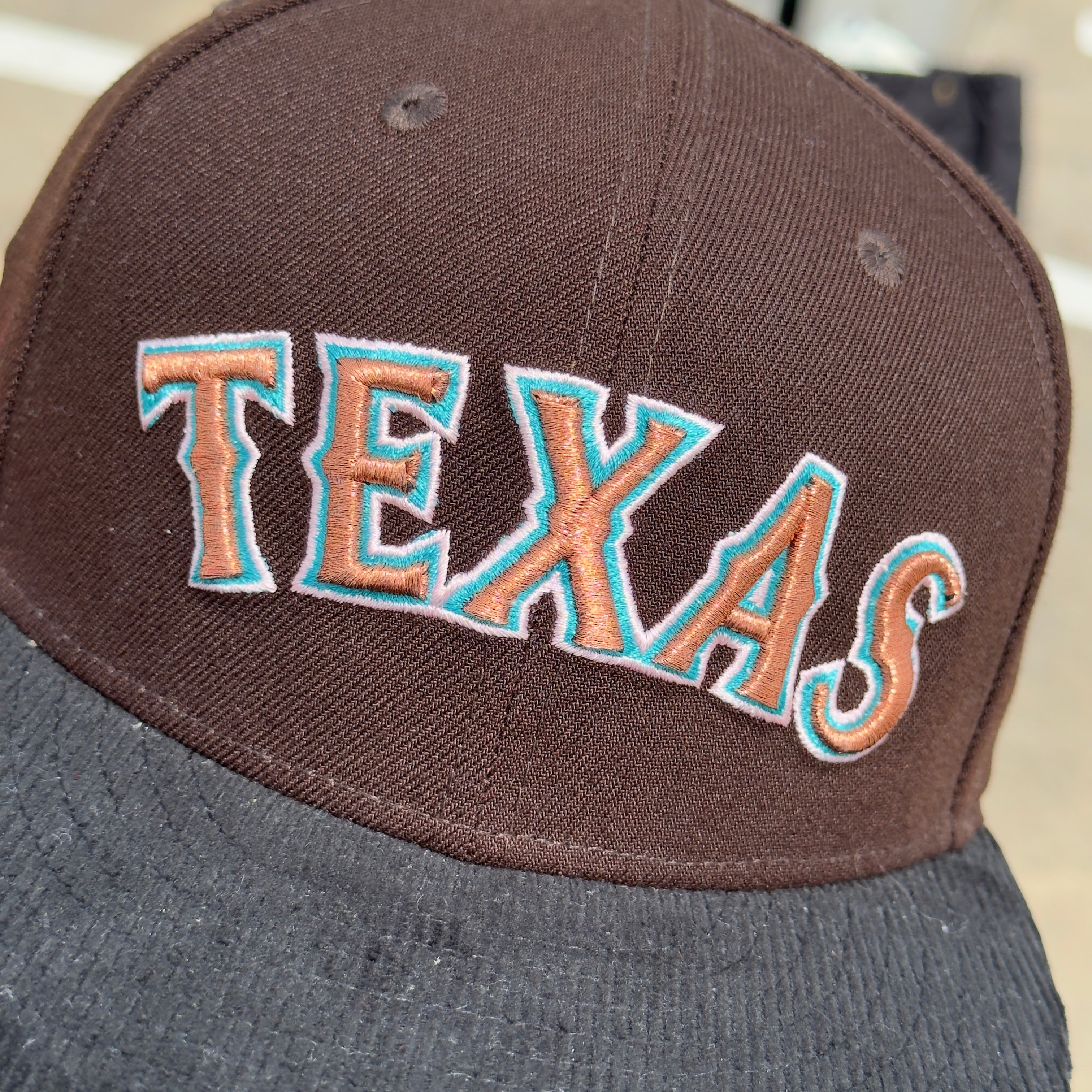 7 1/8 USED Brown Texas Rangers 50 Years Corduroy Brim 59fifty New Era Fitted Cap