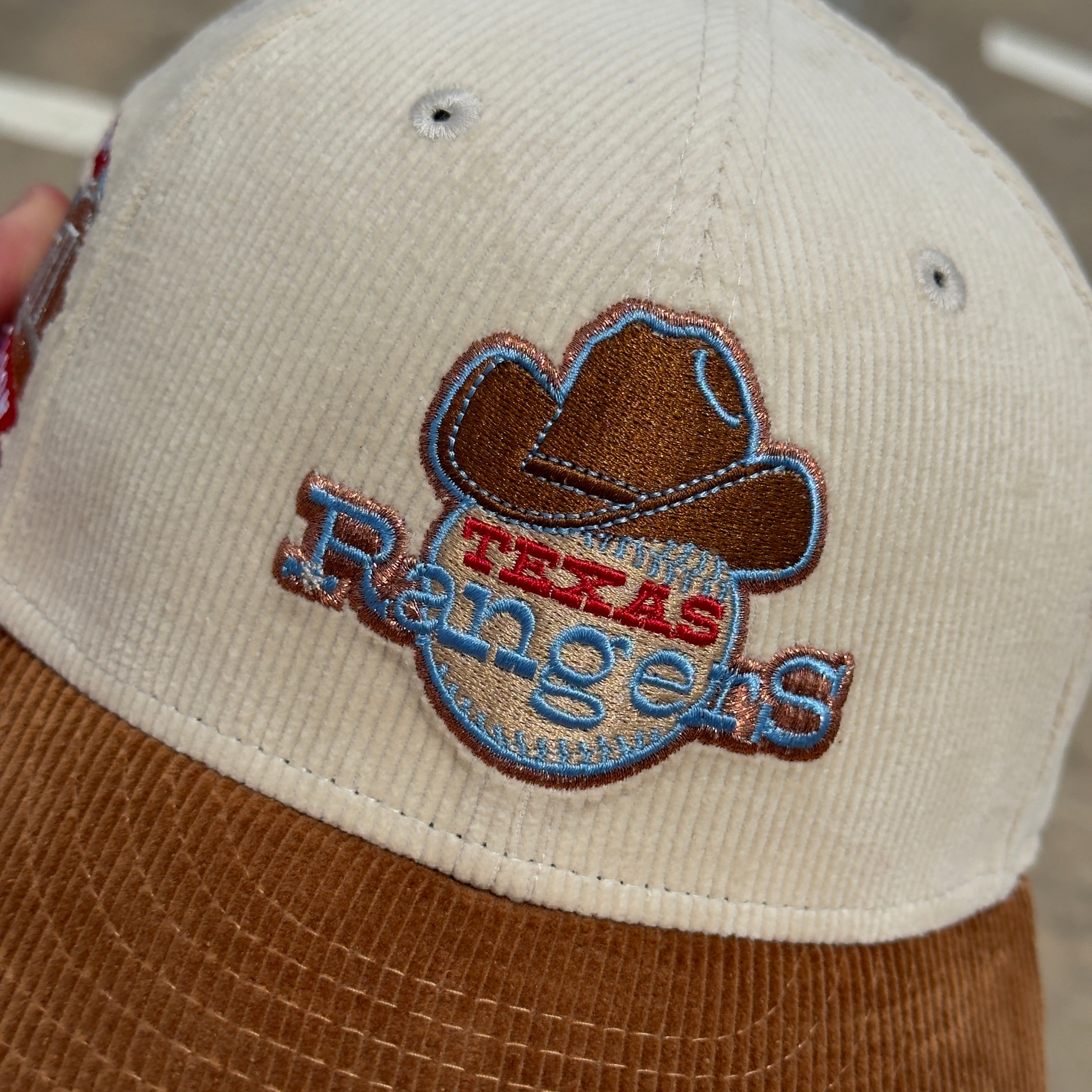 7 1/8 USED Corduroy Texas Rangers Final Season Caramel 59fifty New Era Fitted Cap