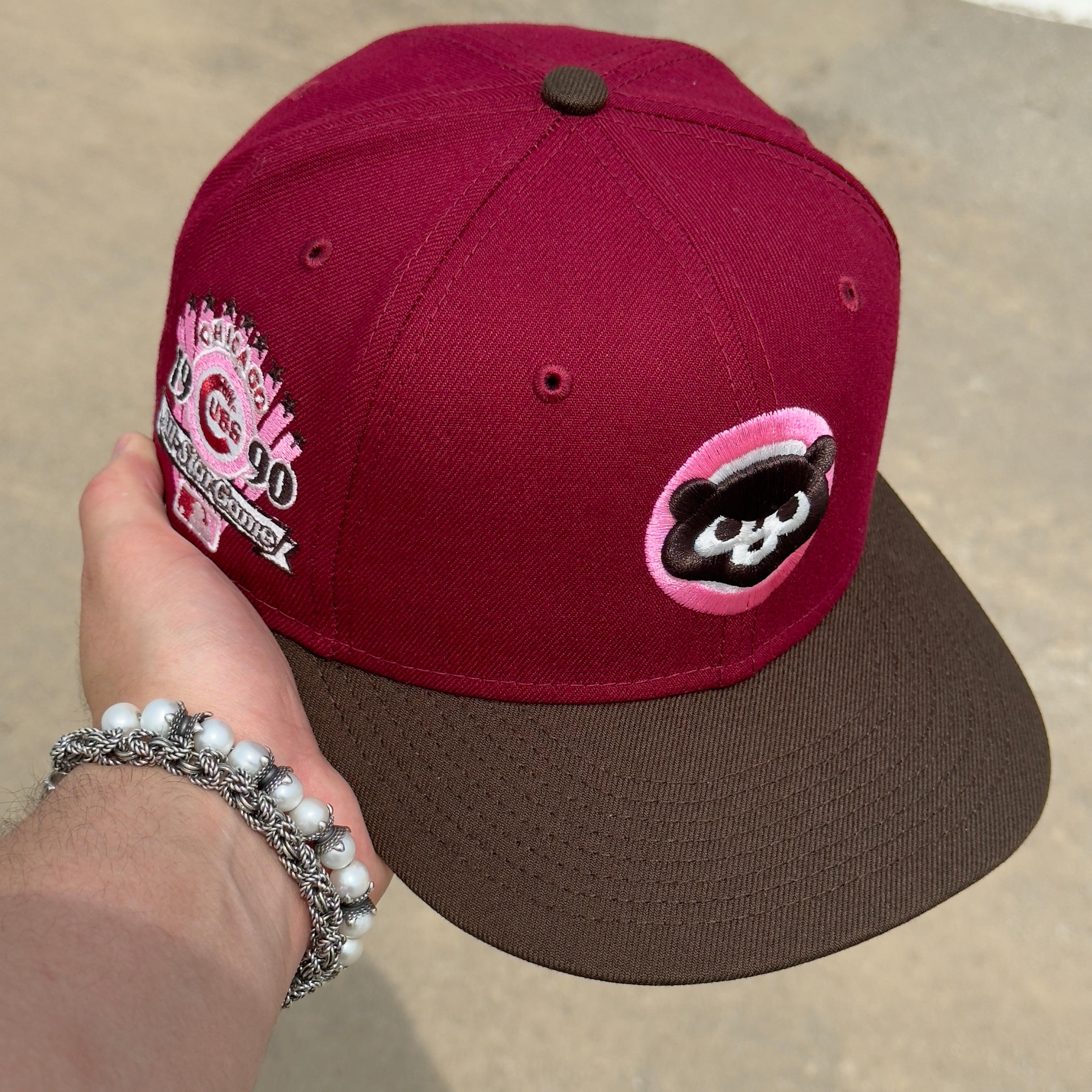 7 1/8 USED Burgundy Chicago Cubs 1990 All Star Game Pink  59fifty New Era Fitted Cap