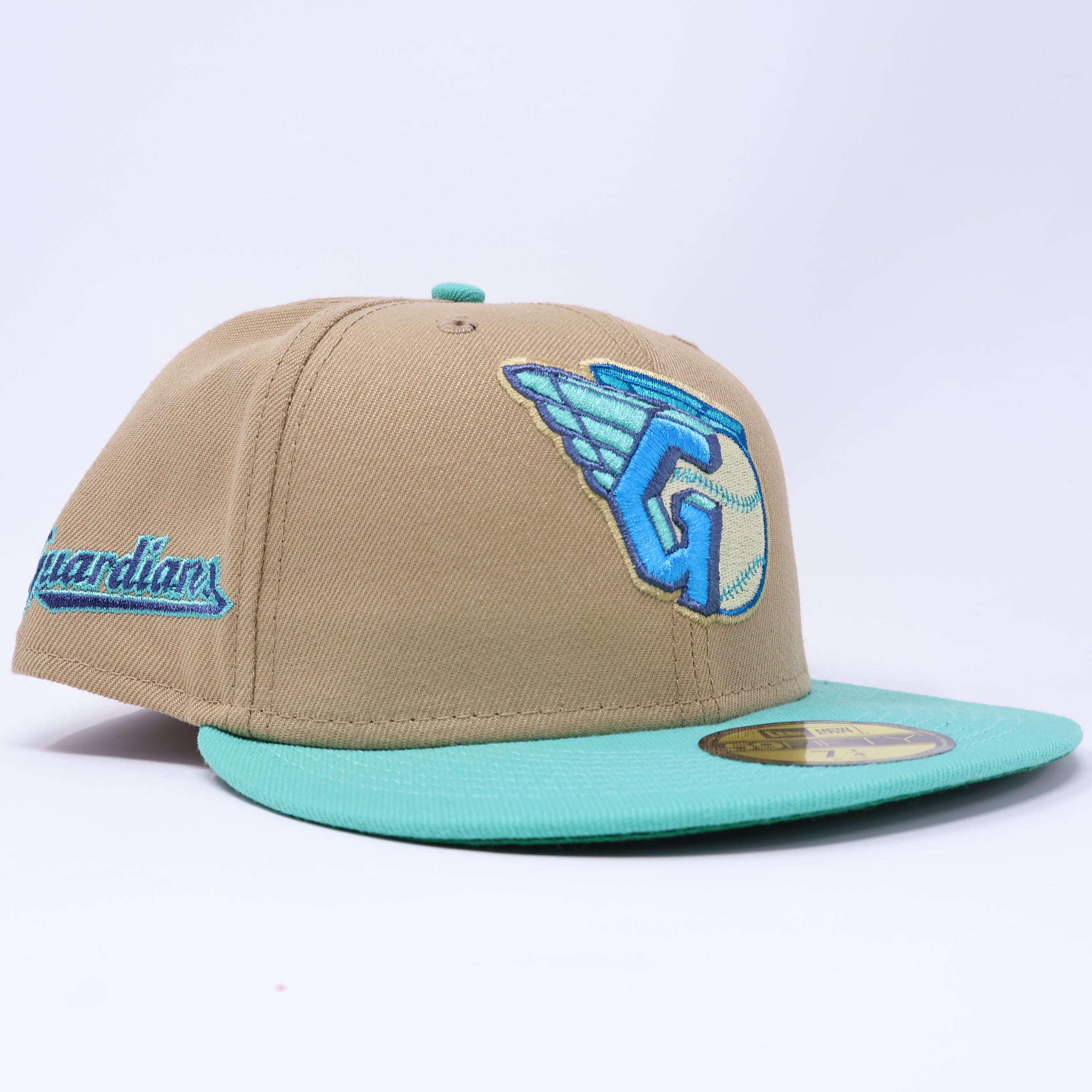 NWT 1/8 Khaki Cleveland Guardians Script Sidepatch 59fifty New Era Fitted Hat Cap