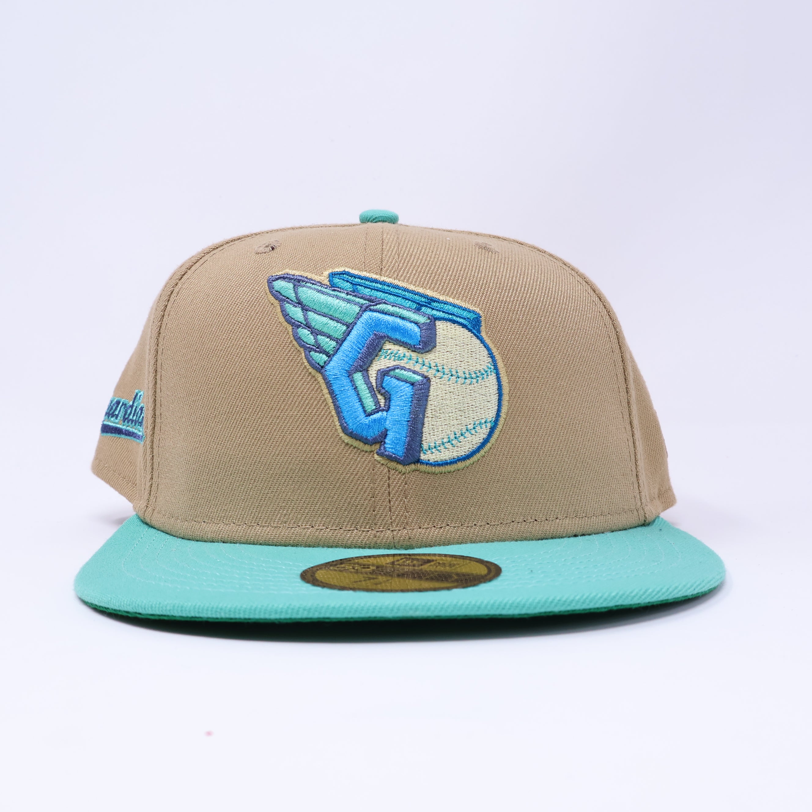 NWT 1/8 Khaki Cleveland Guardians Script Sidepatch 59fifty New Era Fitted Hat Cap
