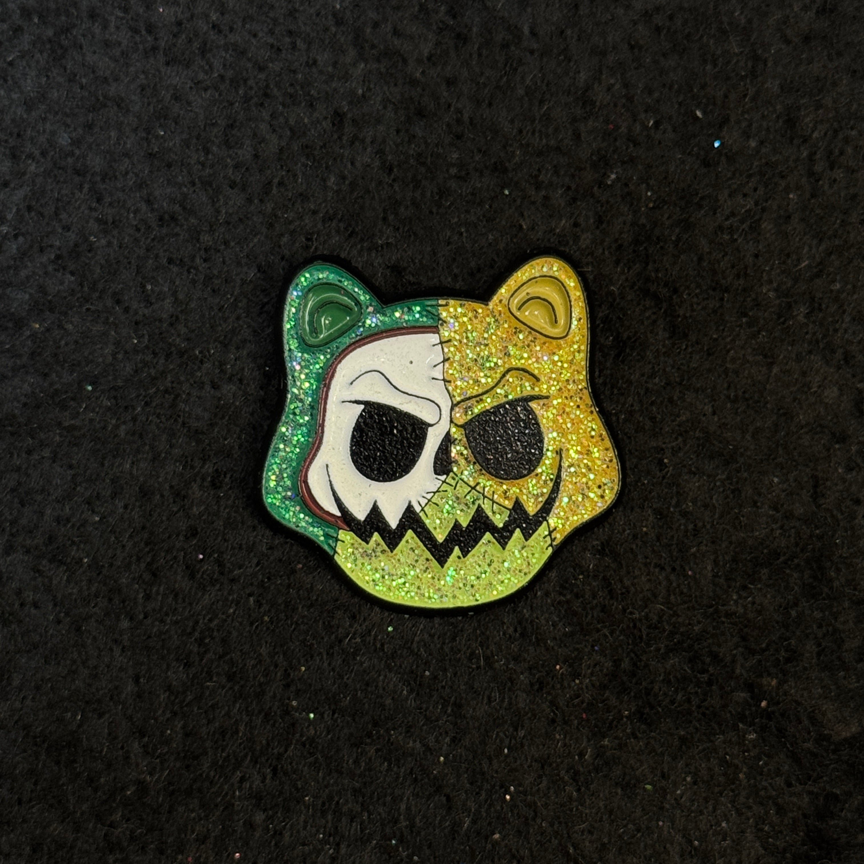 Green Skeleton Cat Face Graphic Pin