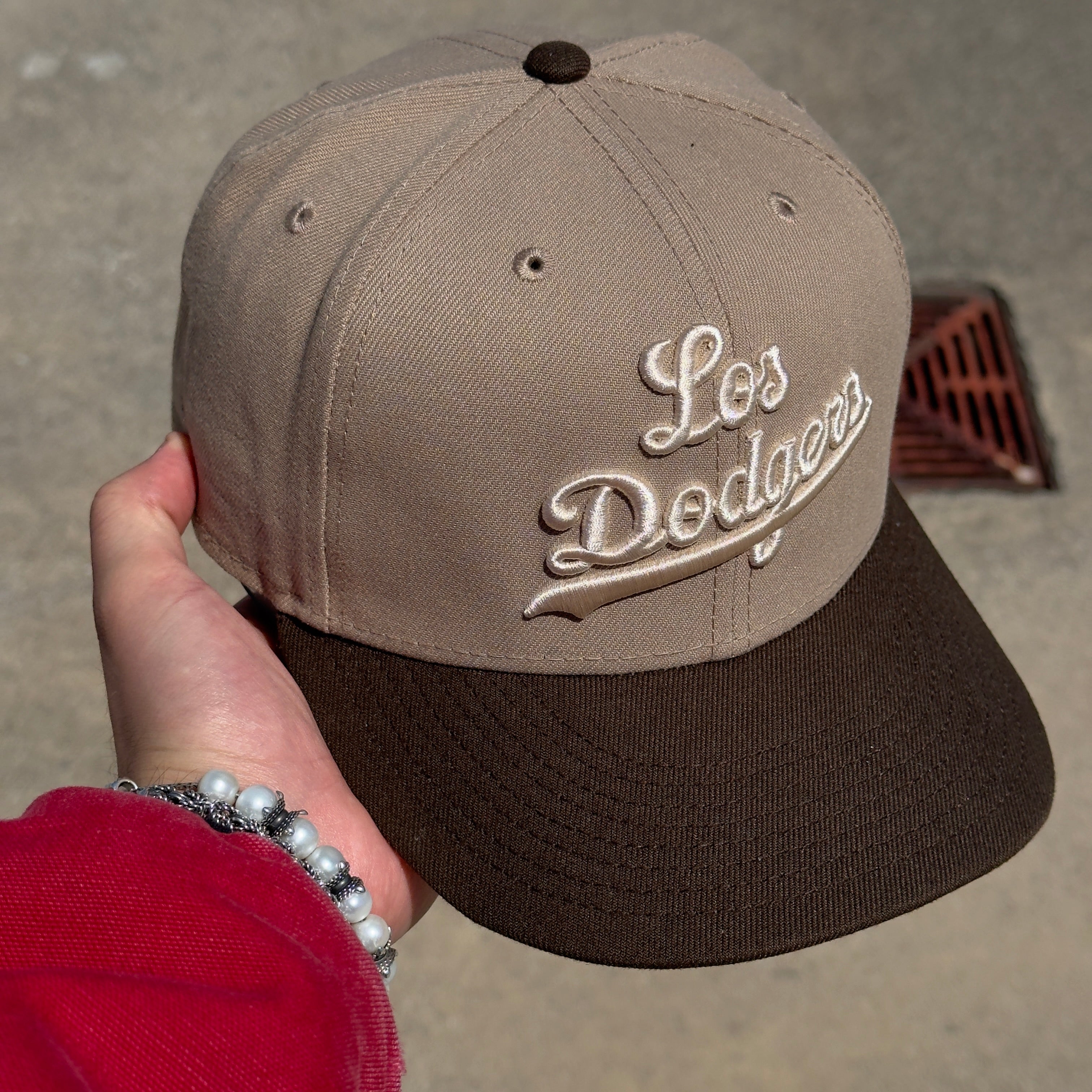 7 1/4 USED Khaki Los Angeles Dodgers Simple Basic 59fifty New Era Fitted Hat Cap