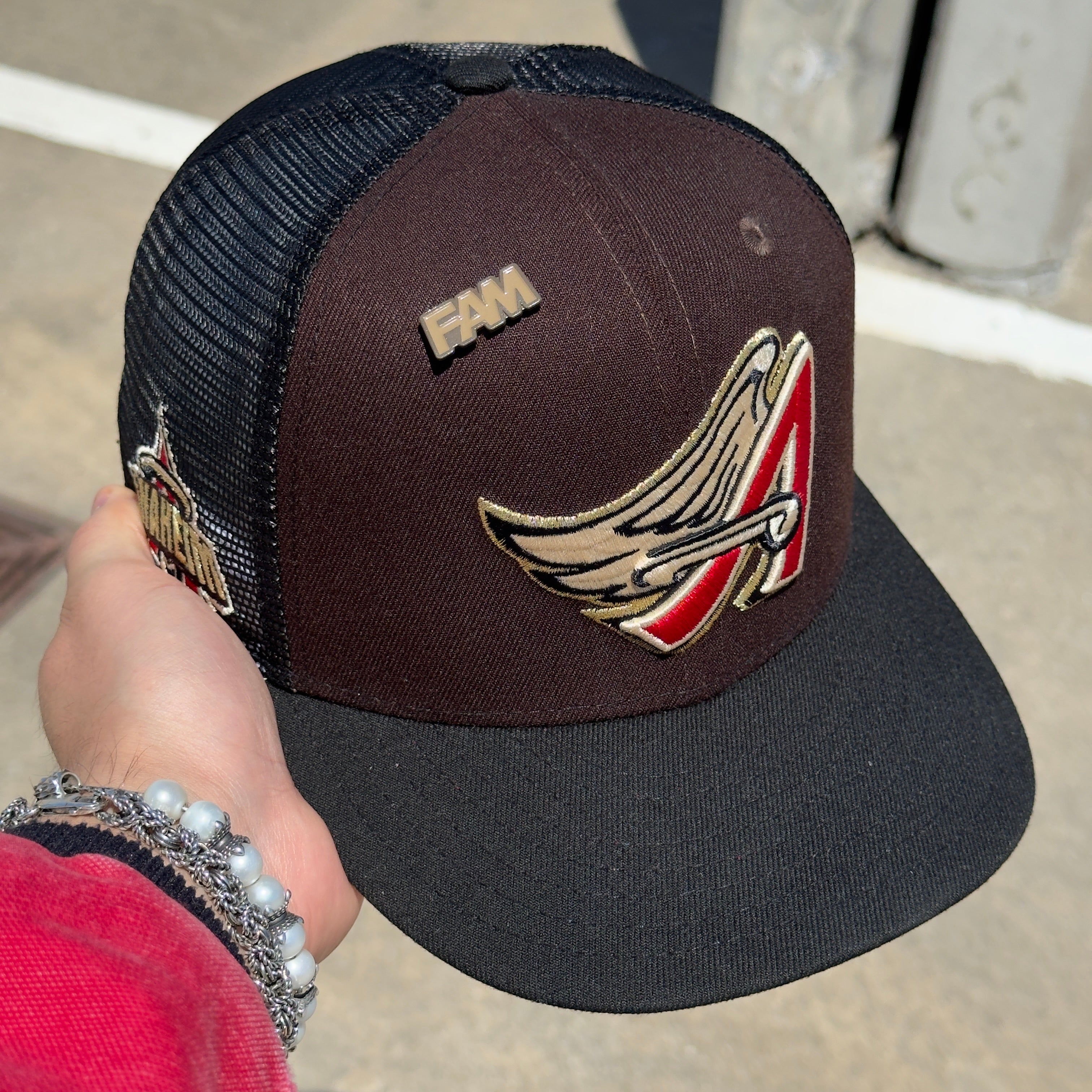 7 1/4 USED Trucker Brown Black Anaheim Angels Logo 59fifty New Era Fitted Hat Cap