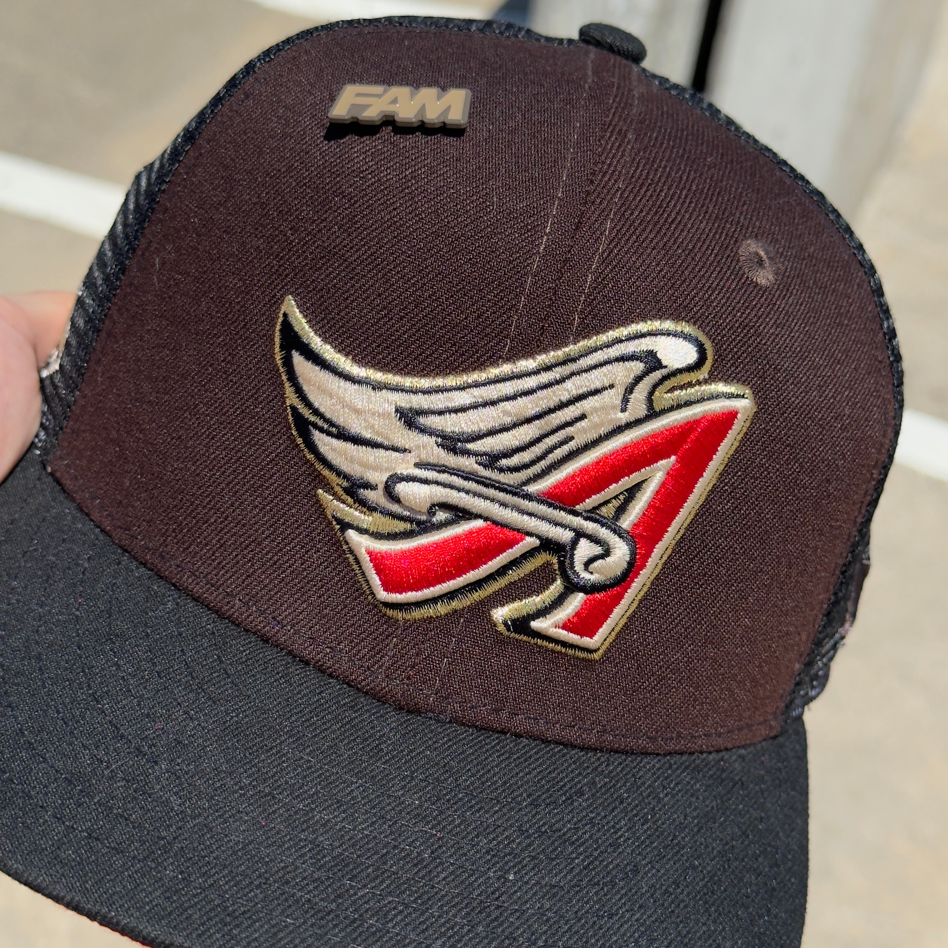 7 1/4 USED Trucker Brown Black Anaheim Angels Logo 59fifty New Era Fitted Hat Cap