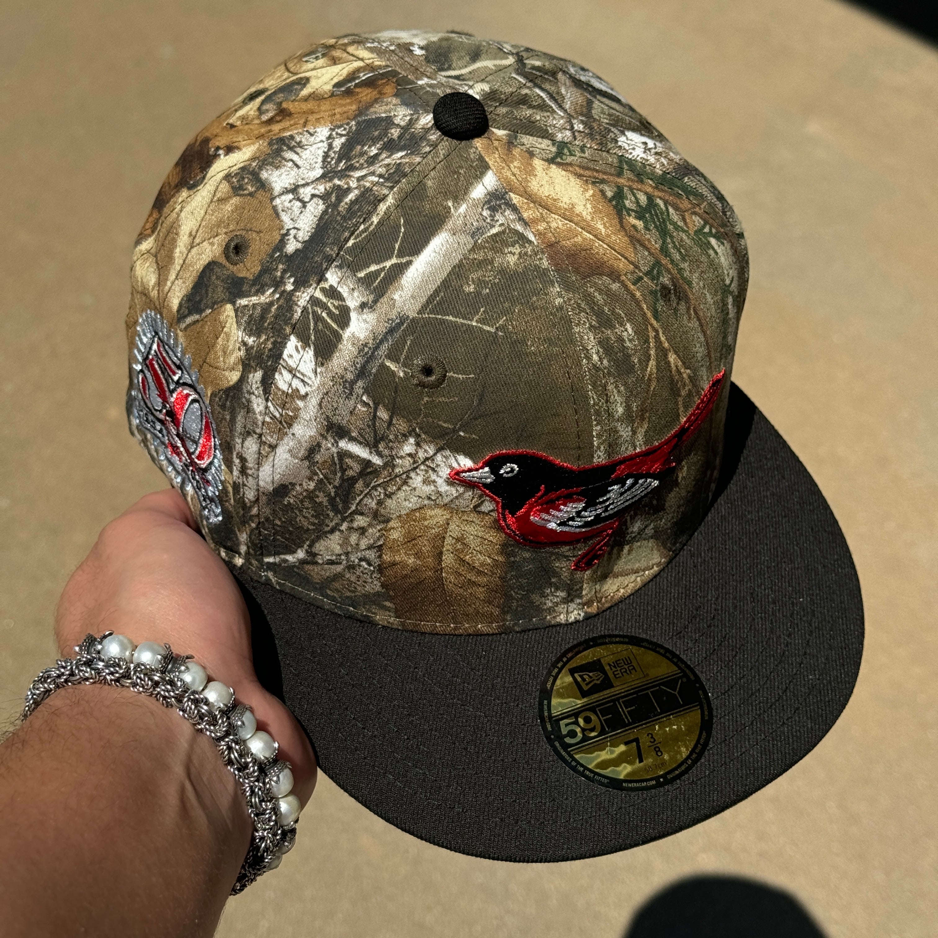 NEW 3/8 Camo Realtree Baltimore Orioles 50th Anniversary 59fifty New Era Fitted Hat Cap