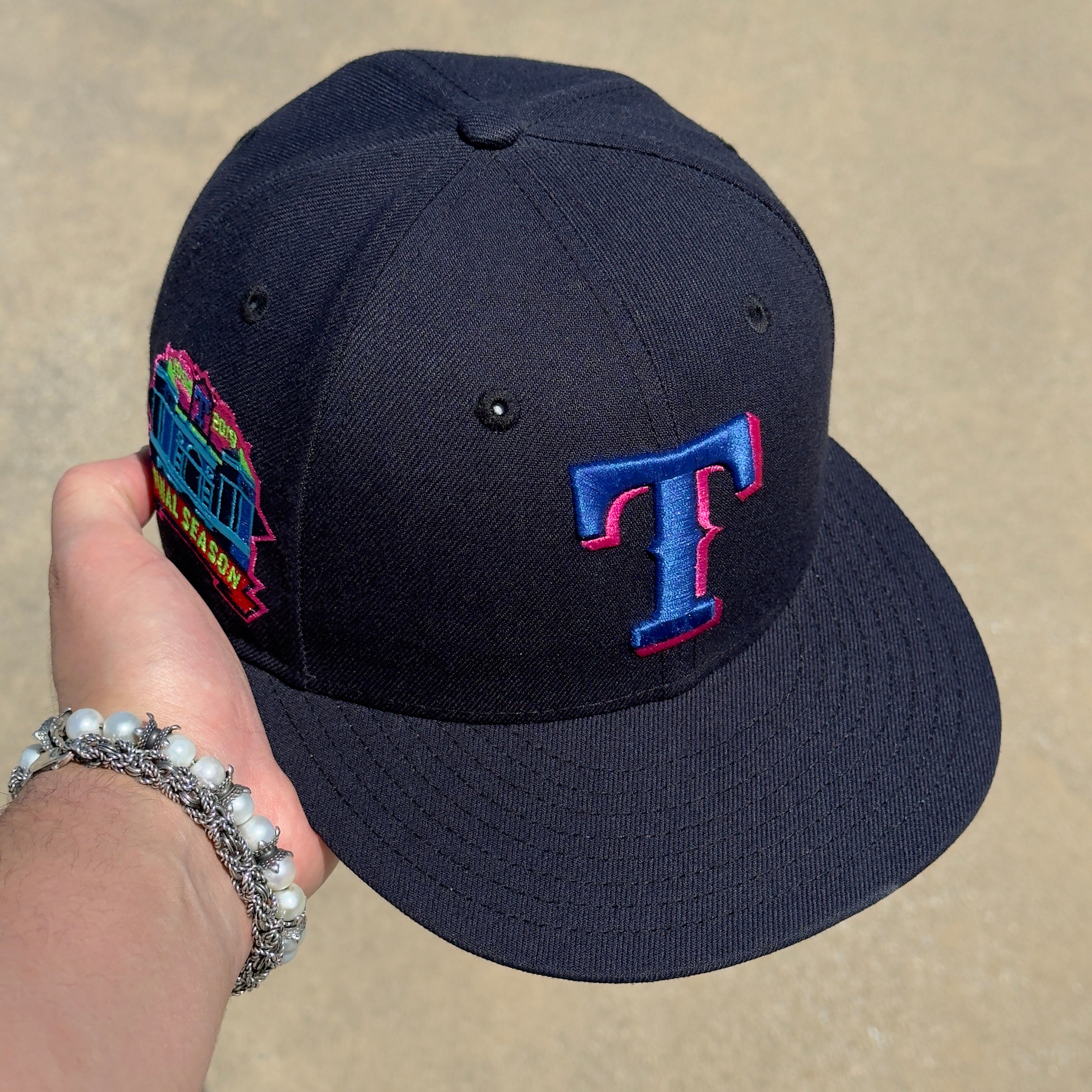 Size 7 USED Black Texas Rangers Final Season Patch 59fifty New Era Fitted Cap