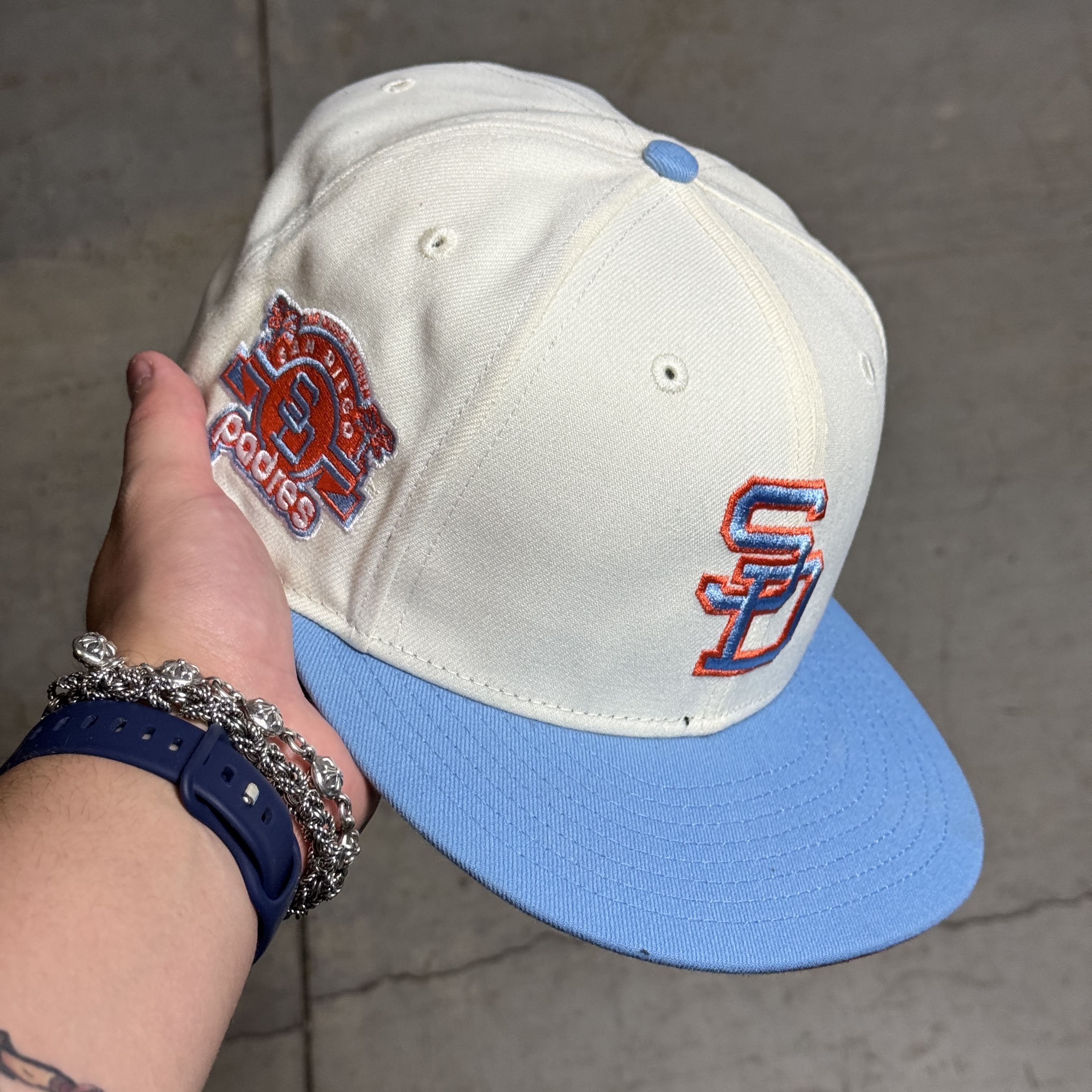 USED 7/8 Chrome San Diego Padres Stadium Patch 59fifty New Era Fitted Hat Cap