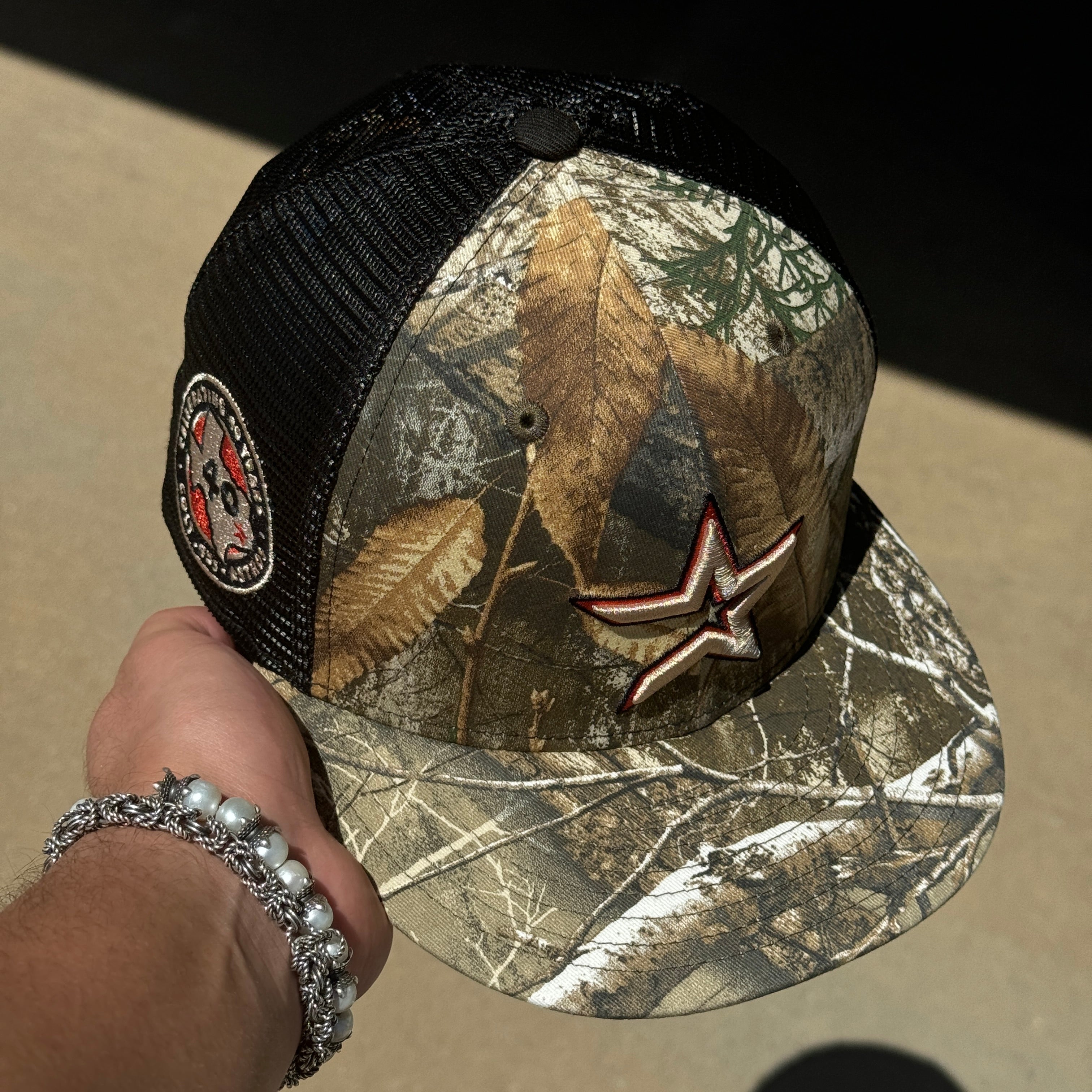 USED 1/8 Camo Realtree Trucker Houston Astros Celebrating 40 Years 59fifty New Era Fitted Hat Cap