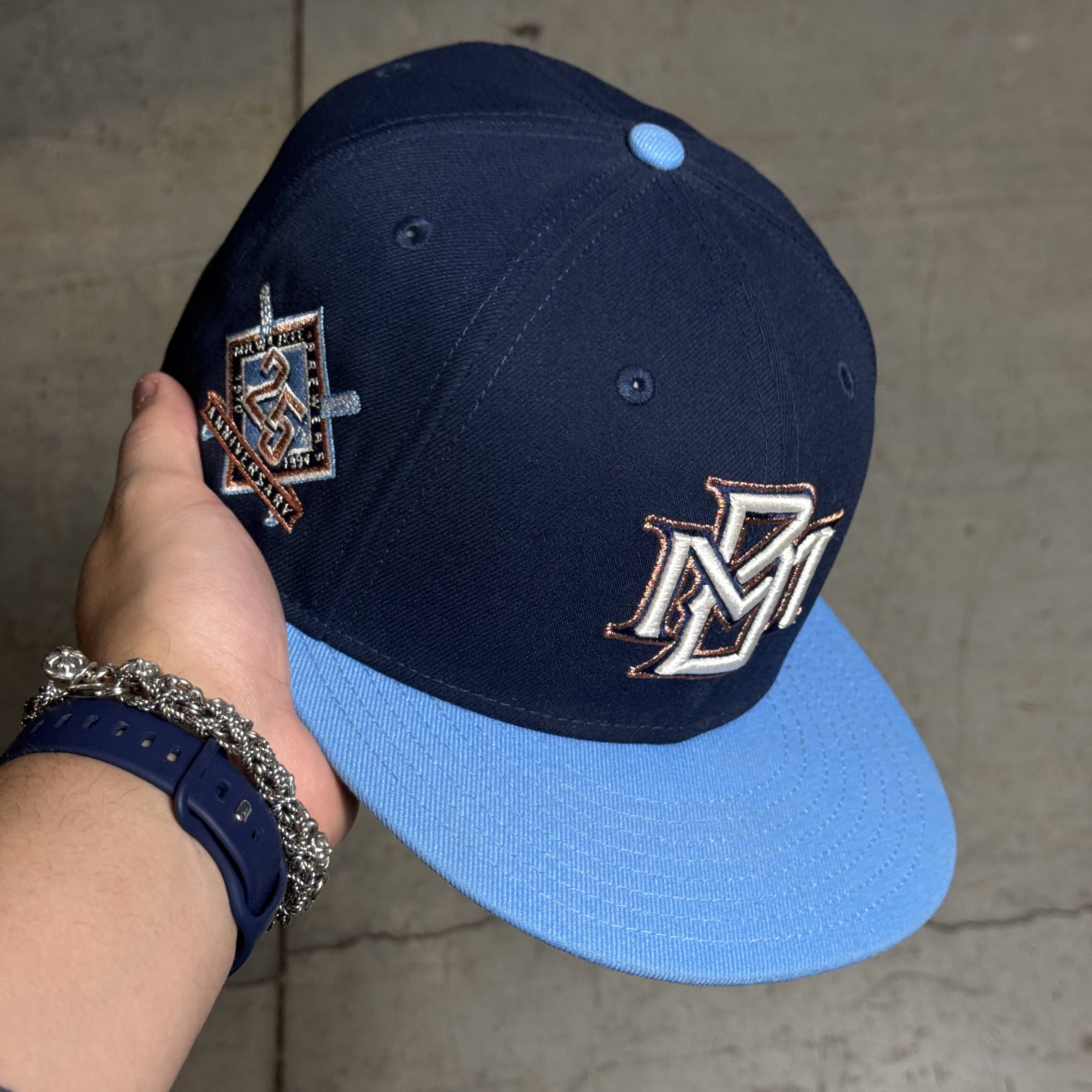 USED 3/4 Navy Milwaukee Brewers 25th Anniversary 59fifty New Era Fitted Hat Cap