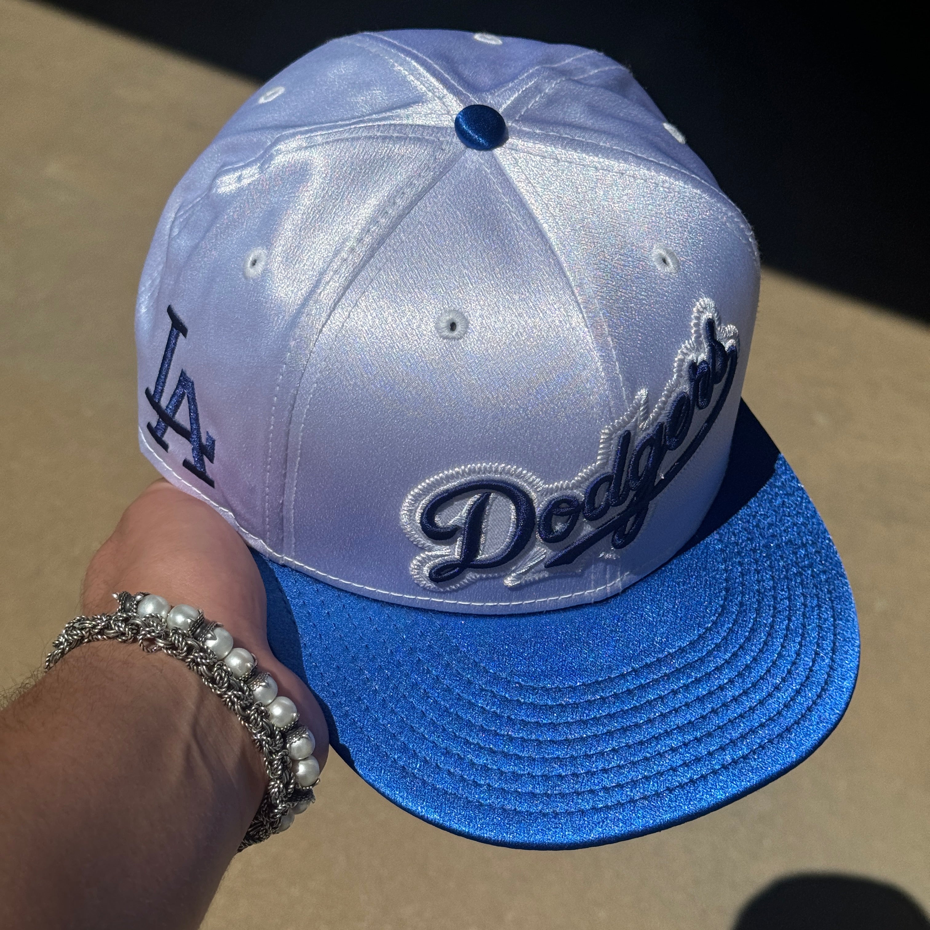 USED 1/4 White Satin Los Angeles Dodgers LA Logo 59fifty New Era Fitted Hat Cap