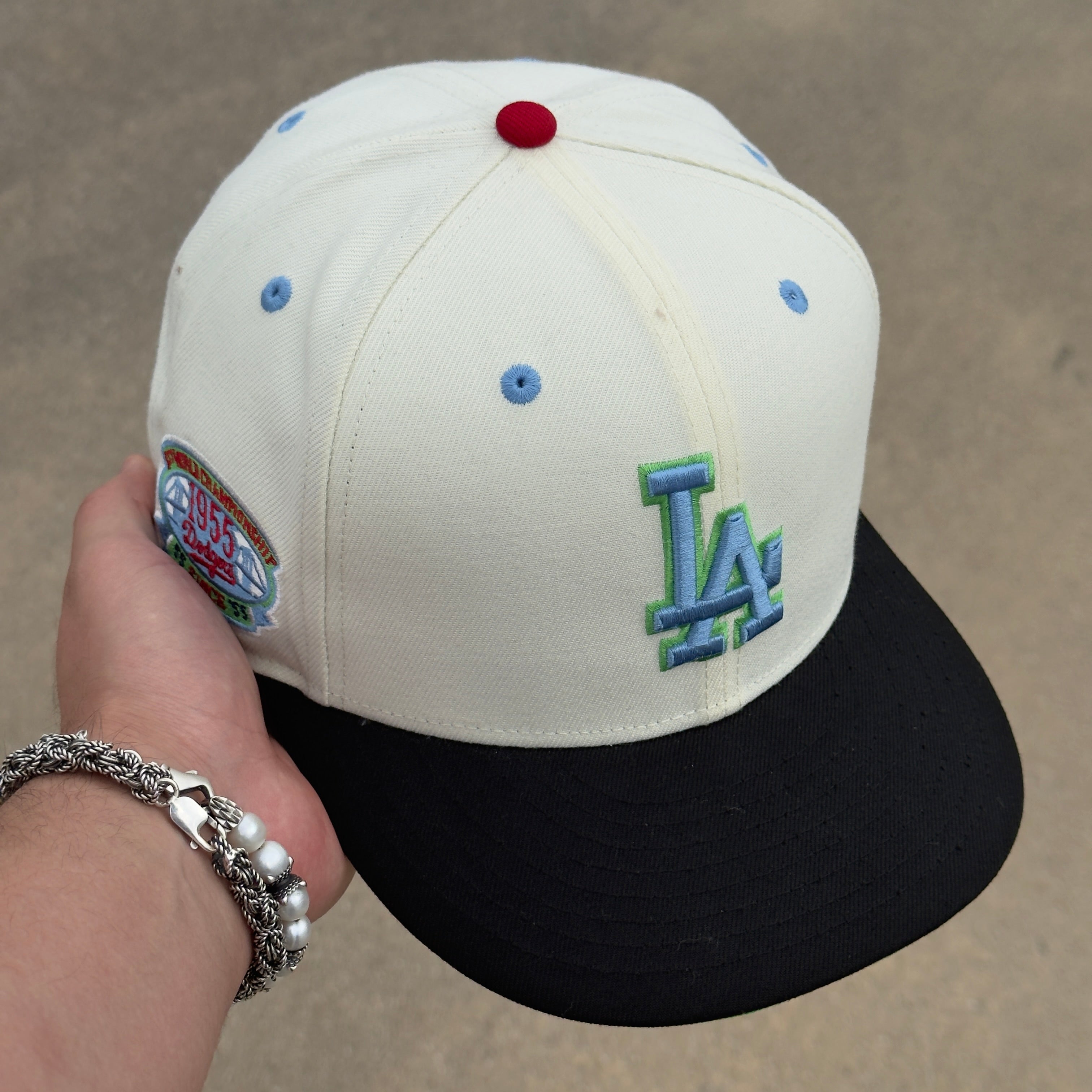 7 5/8 USED Chrome Los Angeles Dodgers 1995 Champs 59fifty New Era Fitted Hat Cap