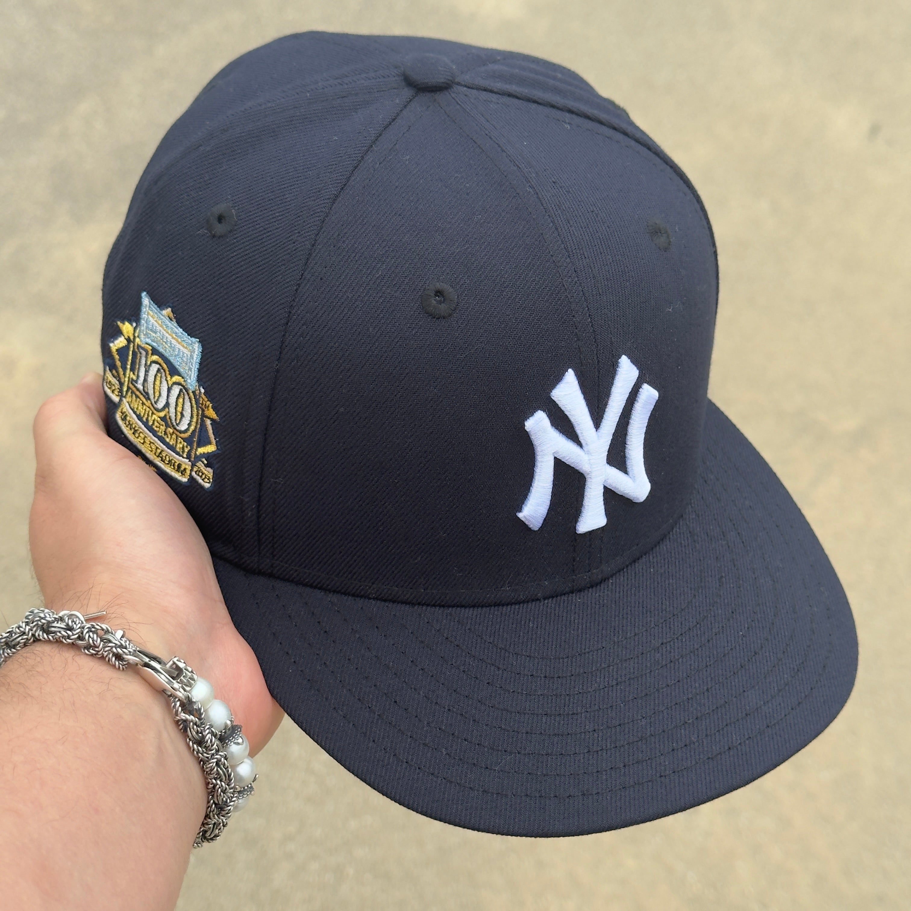 7 5/8 USED Navy New York Yankees 100th Anniversary 59fifty New Era Fitted Hat Cap