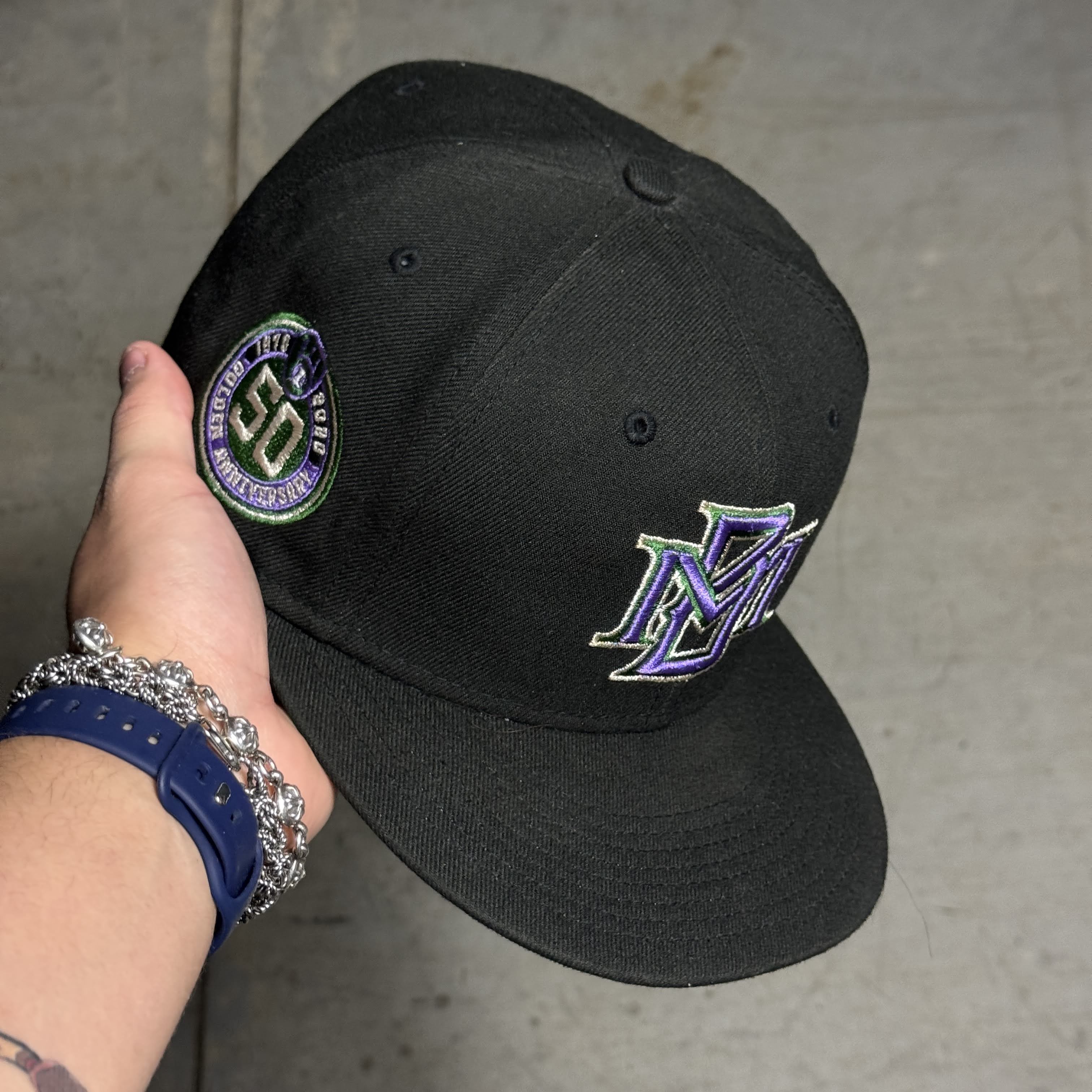 USED 3/4 Black Milwaukee Brewers 50th Anniversary 59fifty New Era Fitted Hat Cap