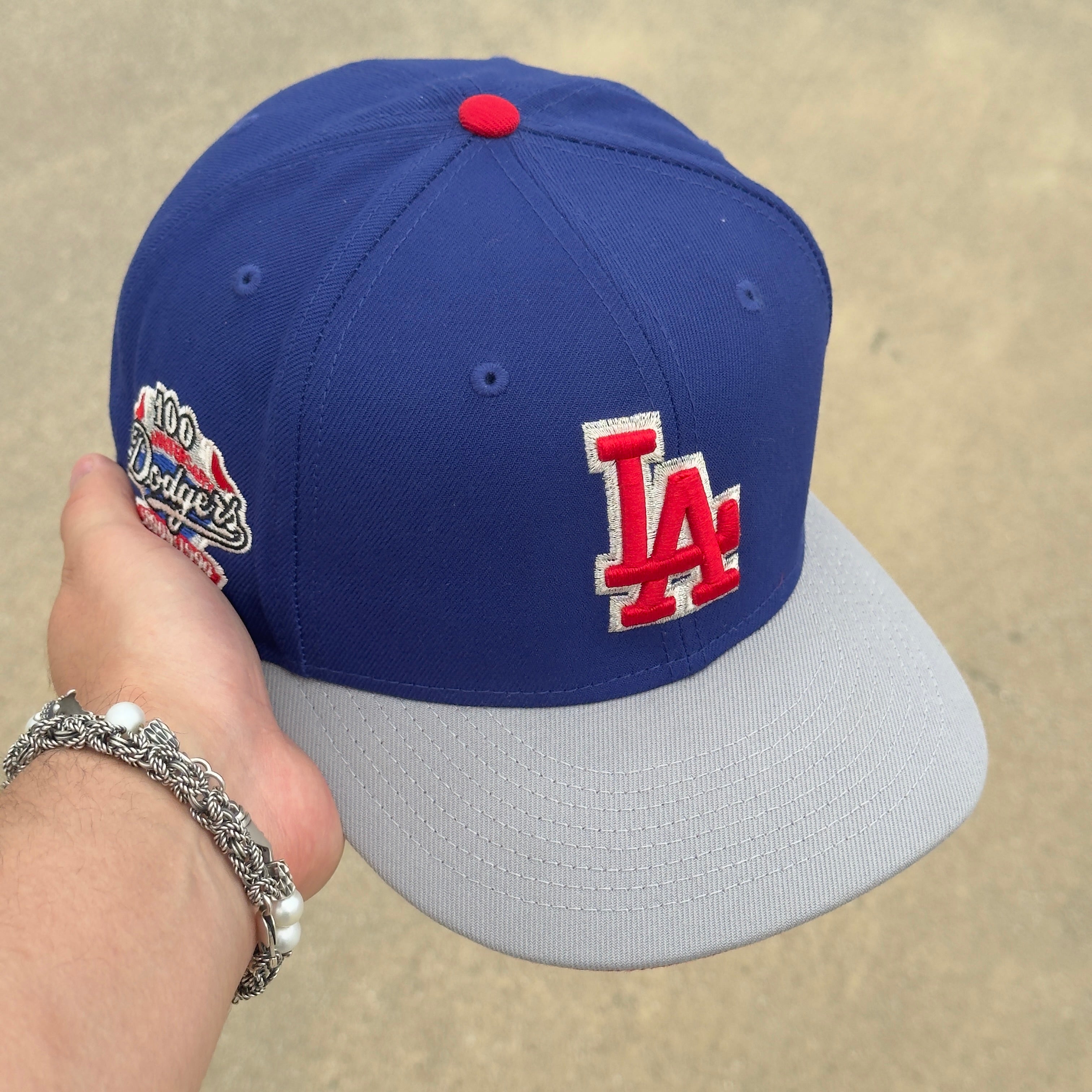 7 5/8 USED Blue Los Angeles Dodgers 100 Years 59fifty New Era Fitted Hat Cap