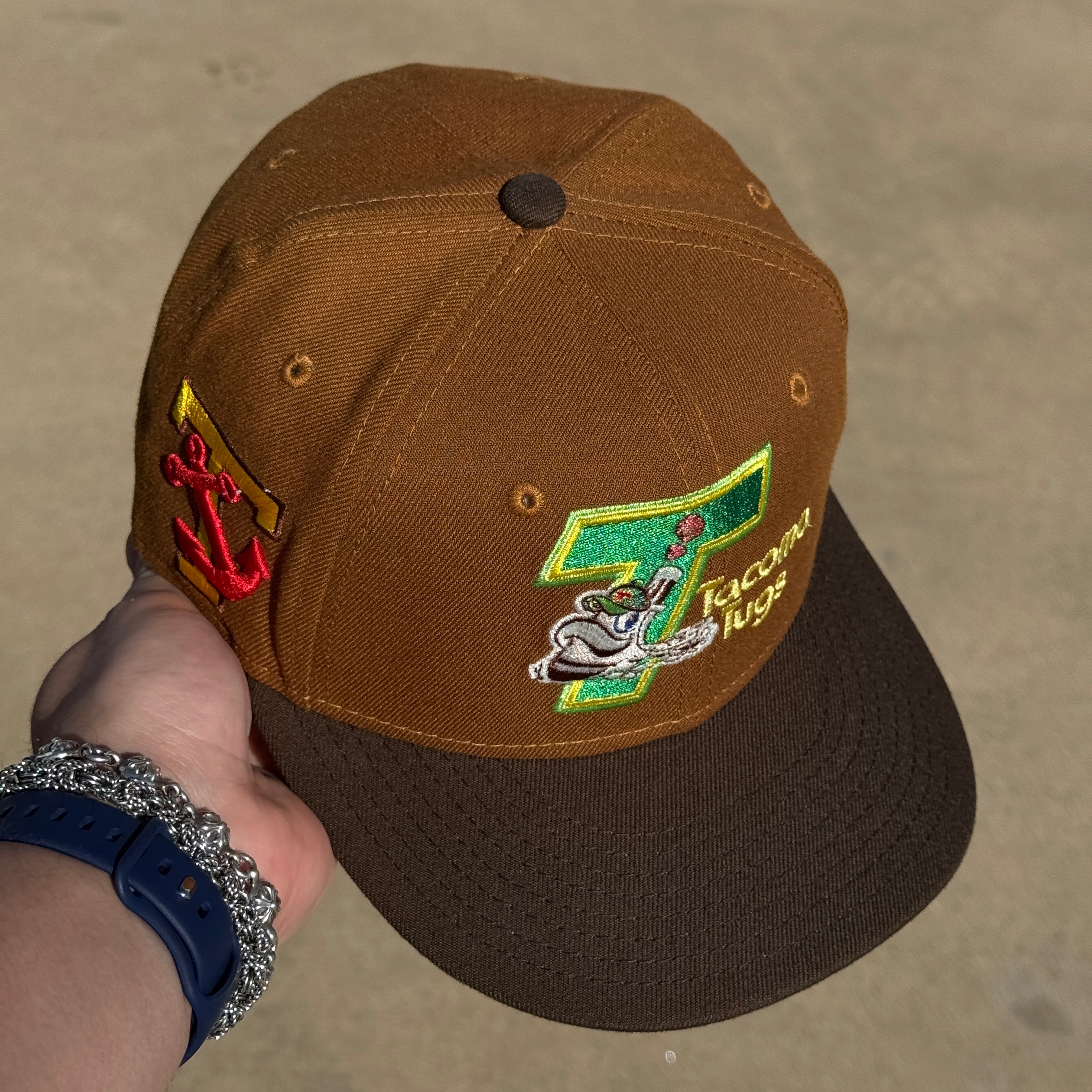 USED 1/8 Brown Tacoma Tugs Yankees Cleveland Indians 59fifty New Era Fitted Hat Cap