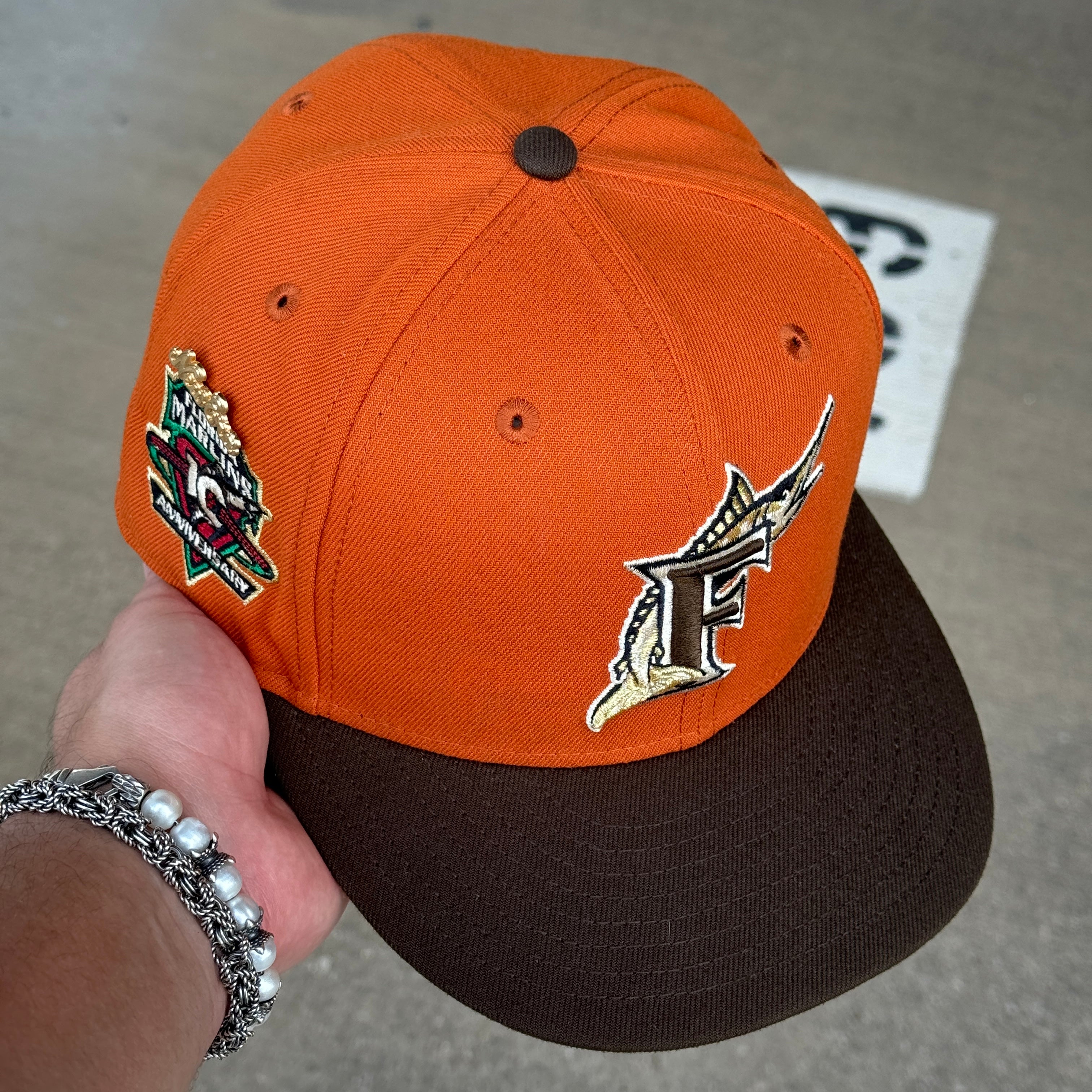 USED 1/2 Rust Orange Florida Marlins 10th Anniversary 59fifty New Era Fitted Hat Cap