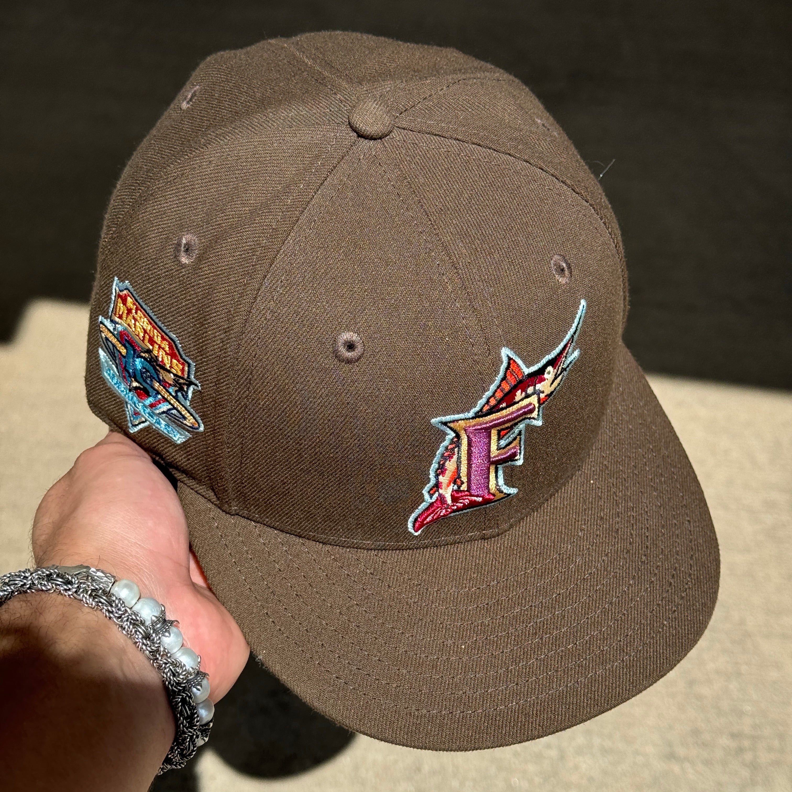 USED 5/8 Brown Florida Marlins 10th Anniversary 59fifty New Era Fitted Hat Cap