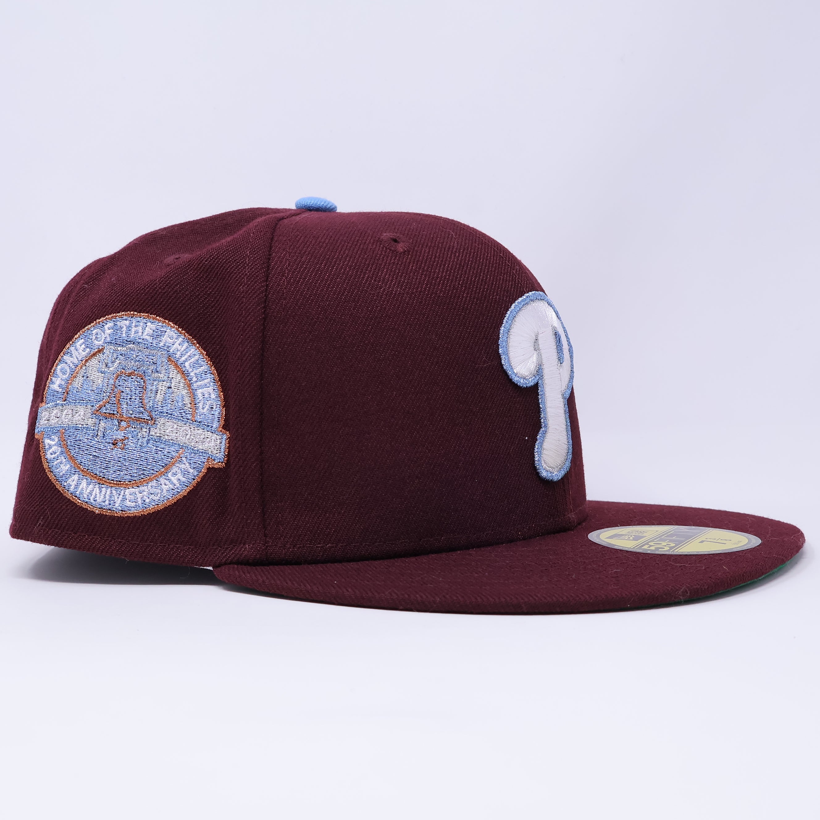 NWT 3/8 Maroon Philadelphia Phillies Home of the Phillies 20th Anniversary 59fifty New Era Fitted Hat Cap