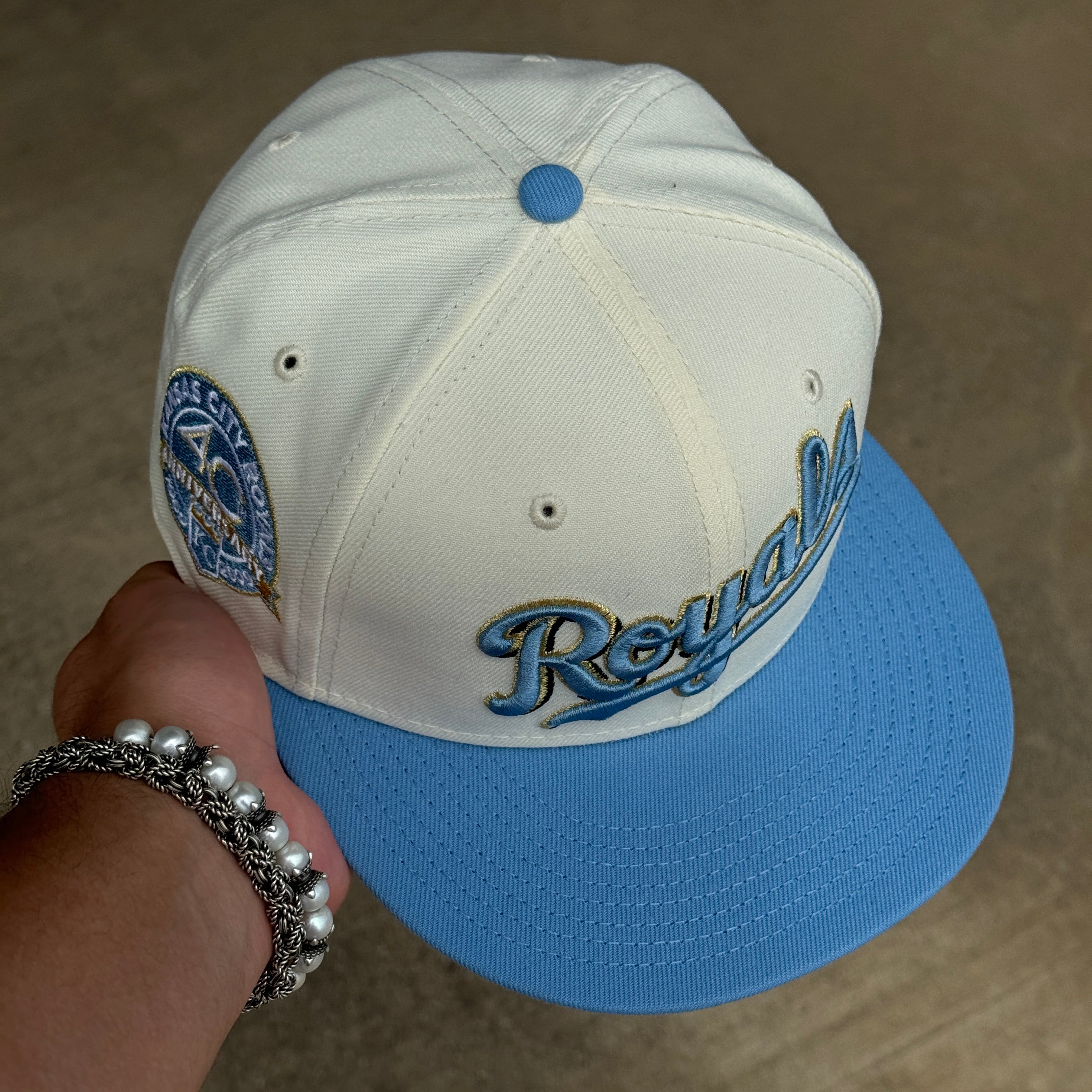 USED 1/8 Chrome Kansas City Royals 40th Anniversary 59fifty New Era Fitted Hat Cap