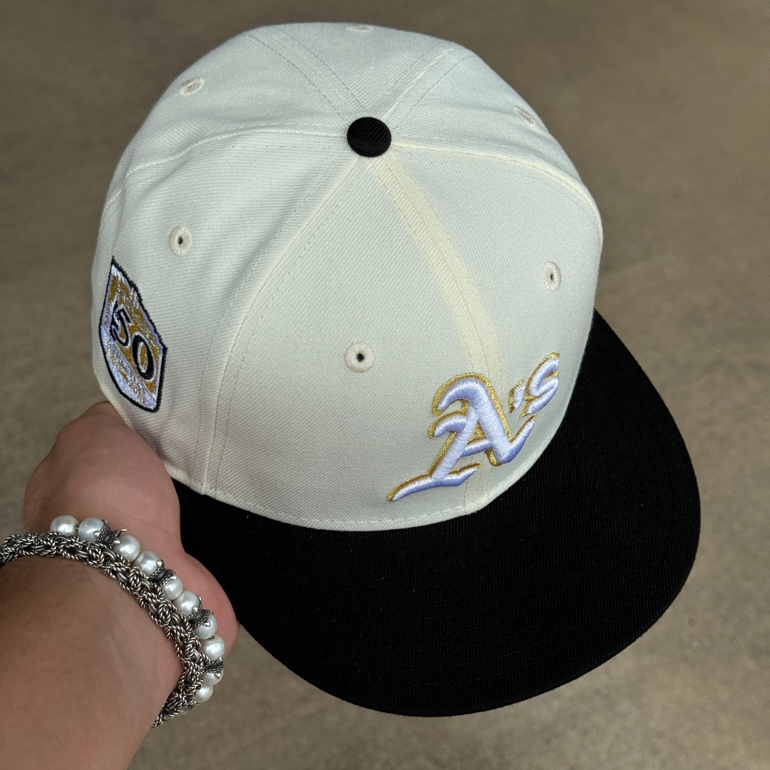 USED 1/8 Chrome Oakland Athletics 50th Anniversary 59fifty New Era Fitted Hat Cap