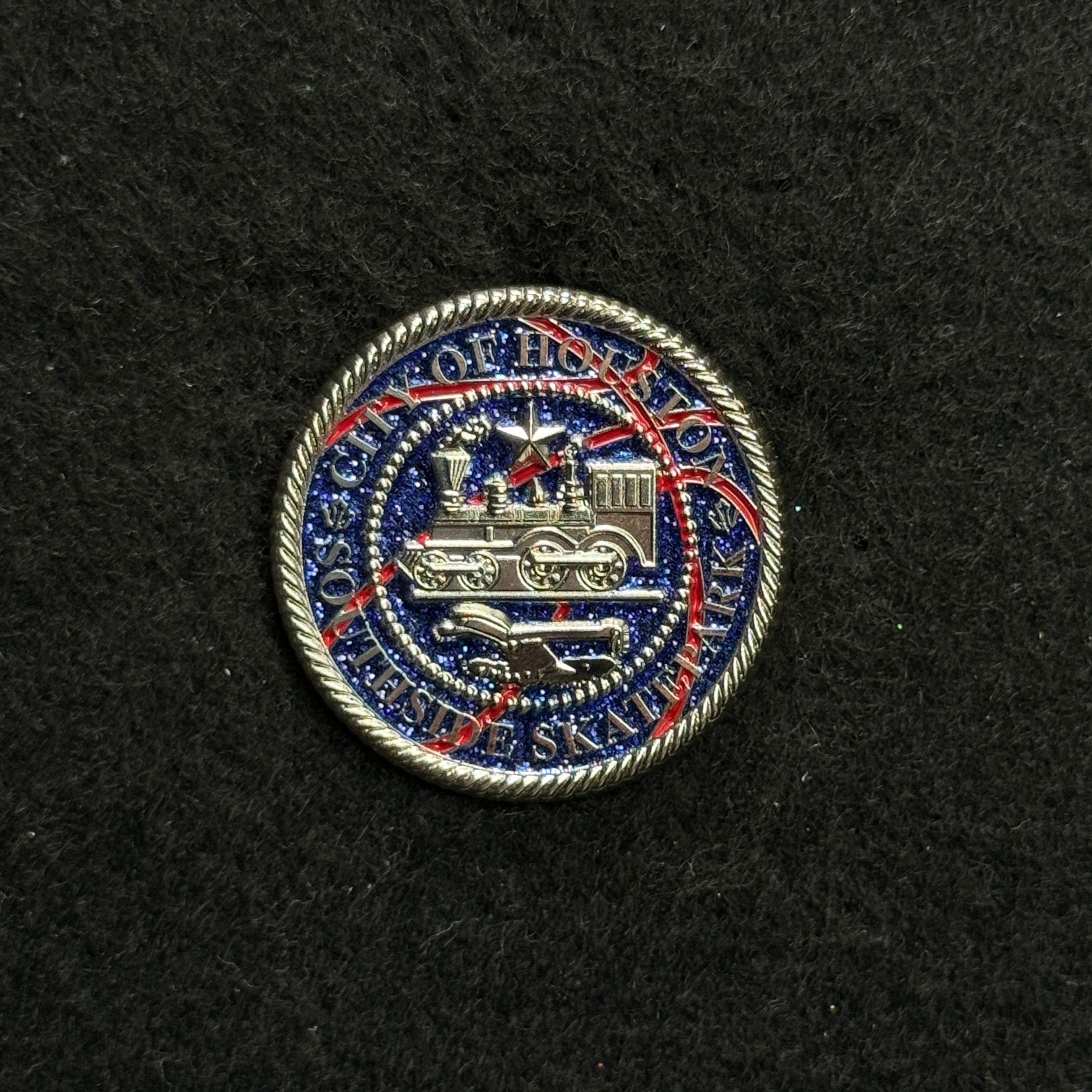 Silver Blue Train Houston Coin Pin