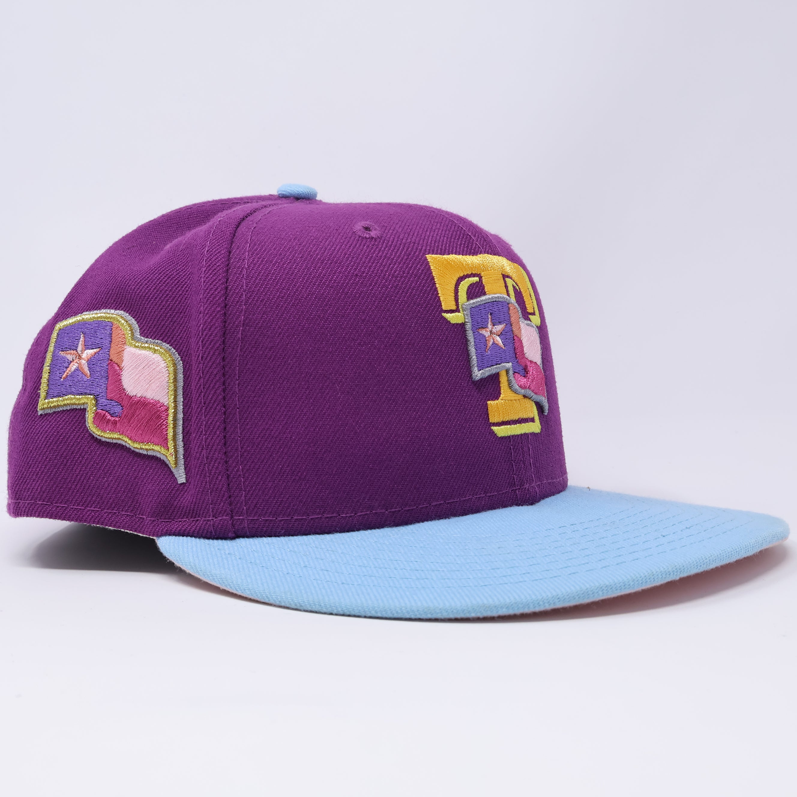 USED 5/8 Purple Dallas Texas Rangers Flag Simple 59fifty New Era Fitted Hat Cap