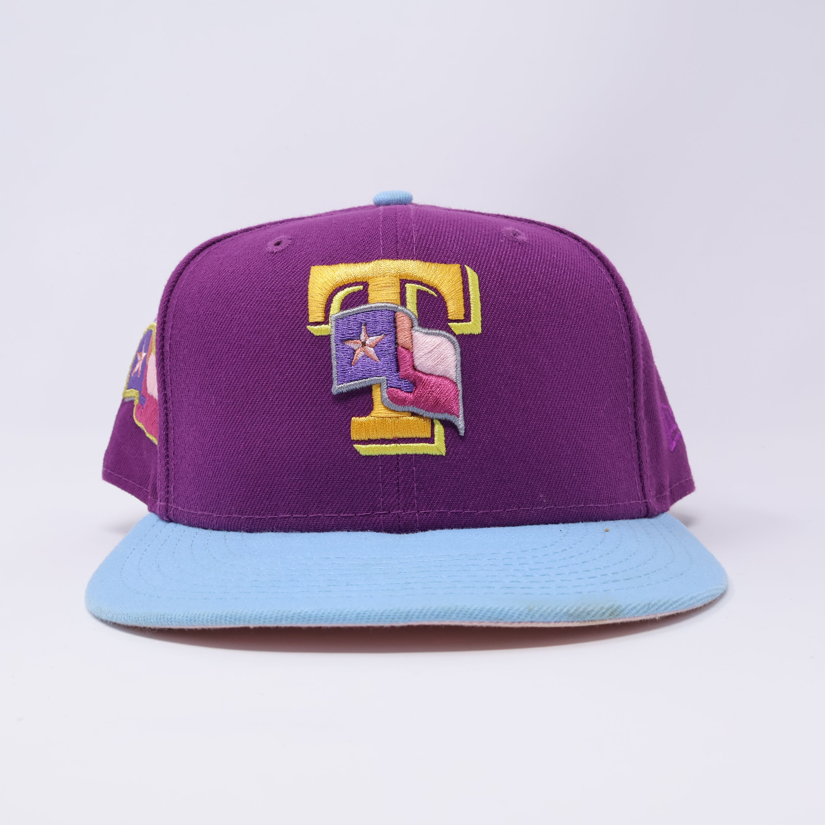 USED 5/8 Purple Dallas Texas Rangers Flag Simple 59fifty New Era Fitted Hat Cap