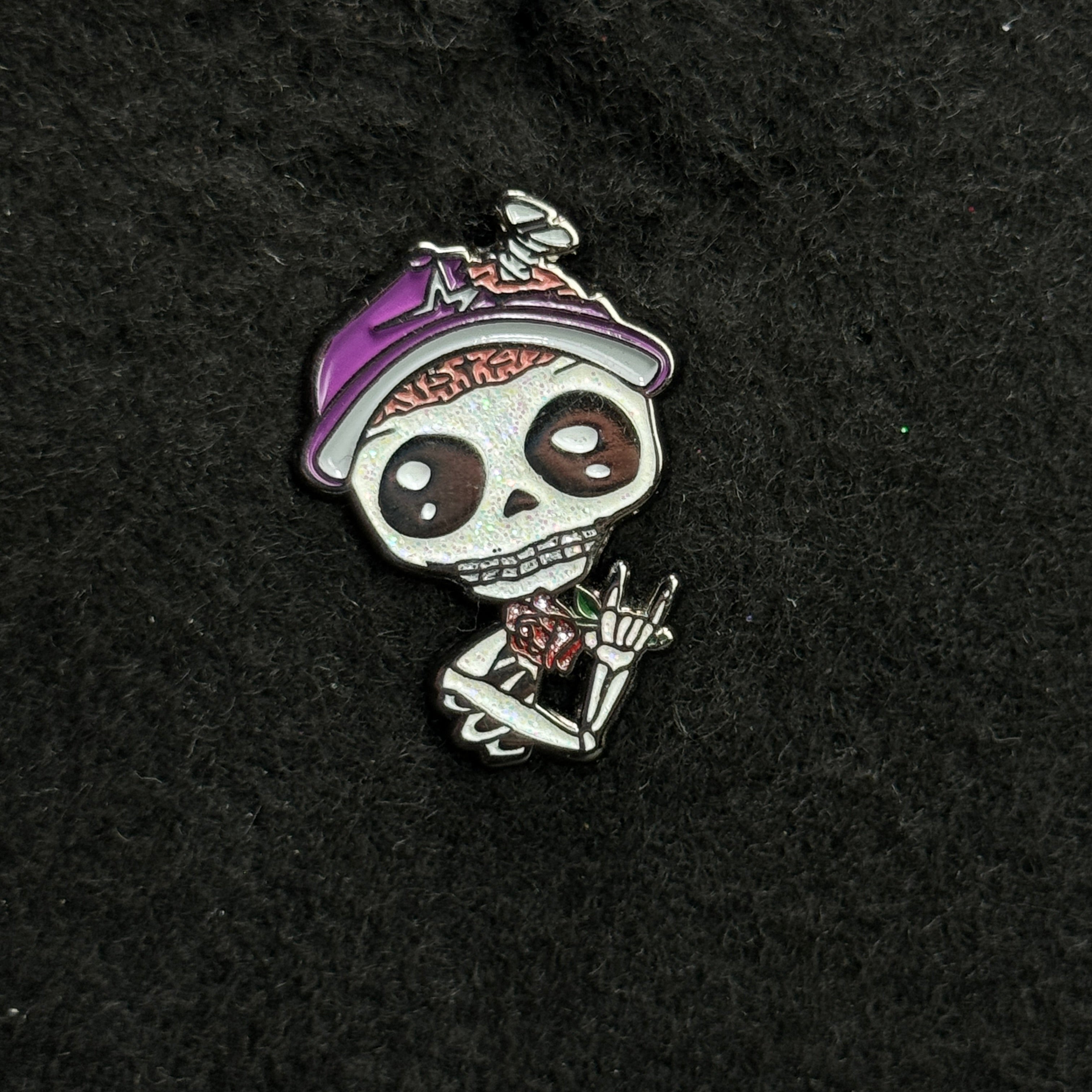 Skeleton Brain Screwed Houston Hand Sign Purple Hat Graphic Pin