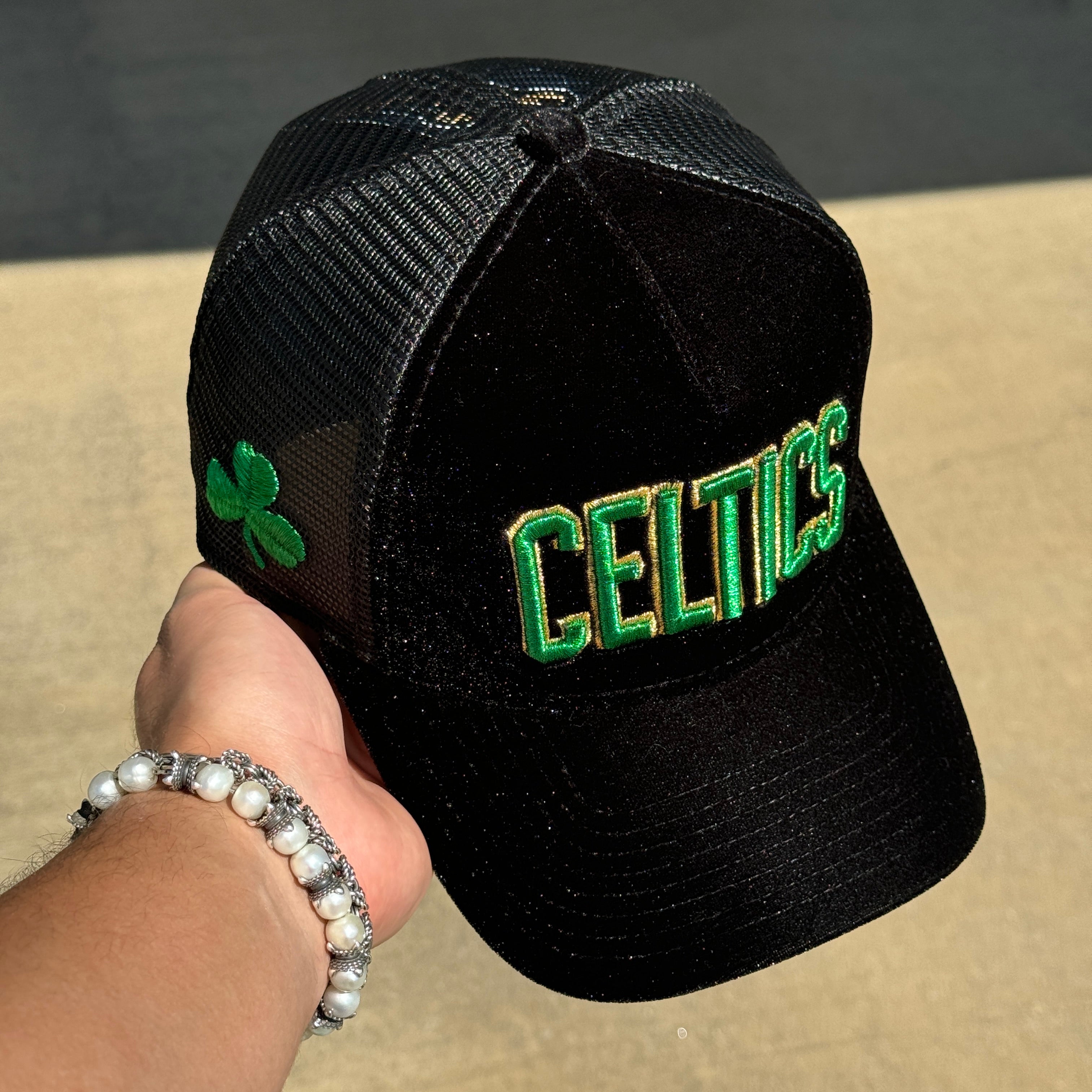 NEW Black Velour Boston Celtics 3 Leaf Clover NBA 9Forty New Era Adjustable Snapback Hat